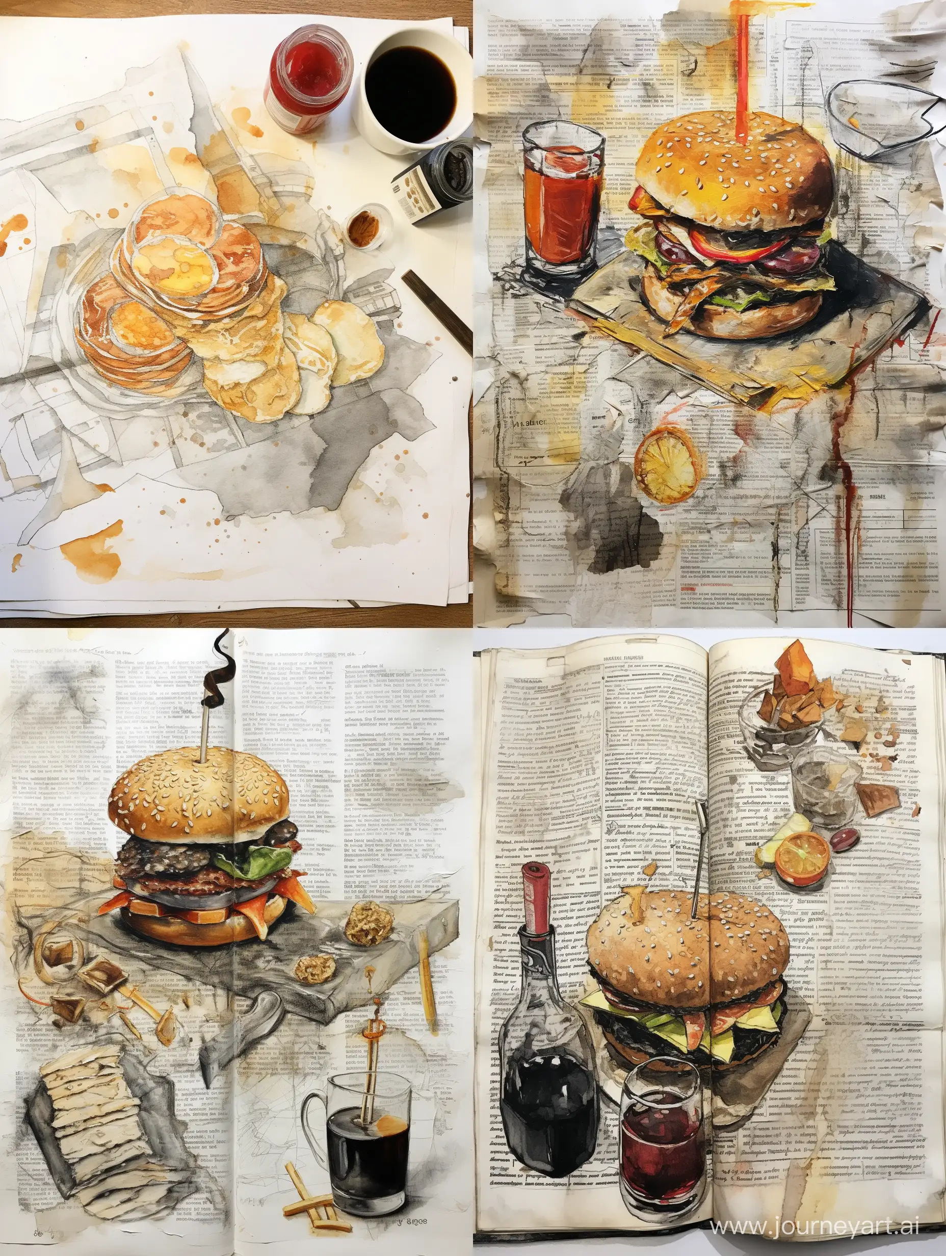 Surreal-Inked-Scene-Unfinished-Burger-and-Whiskey-with-Manuscript-Pages