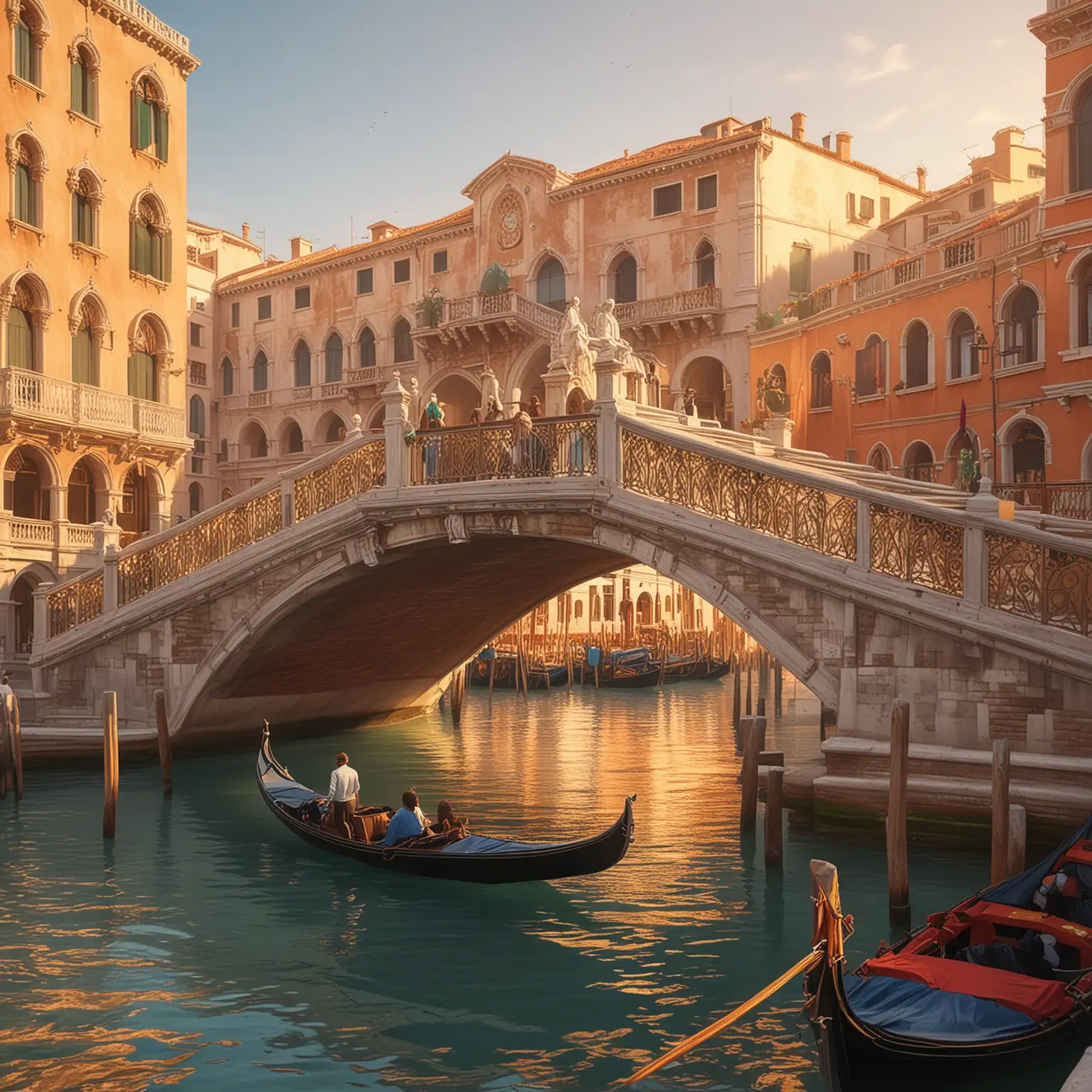 Beautiful Rialto Bridge in Venice, Italy, Grand Canal flowing underneath, Historic architecture, Venetian Gothic style, Gondolas passing by, Colorful buildings lining the canal, Soft, warm sunlight, Golden hour lighting, Tranquil and serene, Highly detailed and sharp focus, Warm and inviting atmosphere, Digital illustration, Realistic with a touch of fantasy, by James Jean and Alphonse Mucha, 