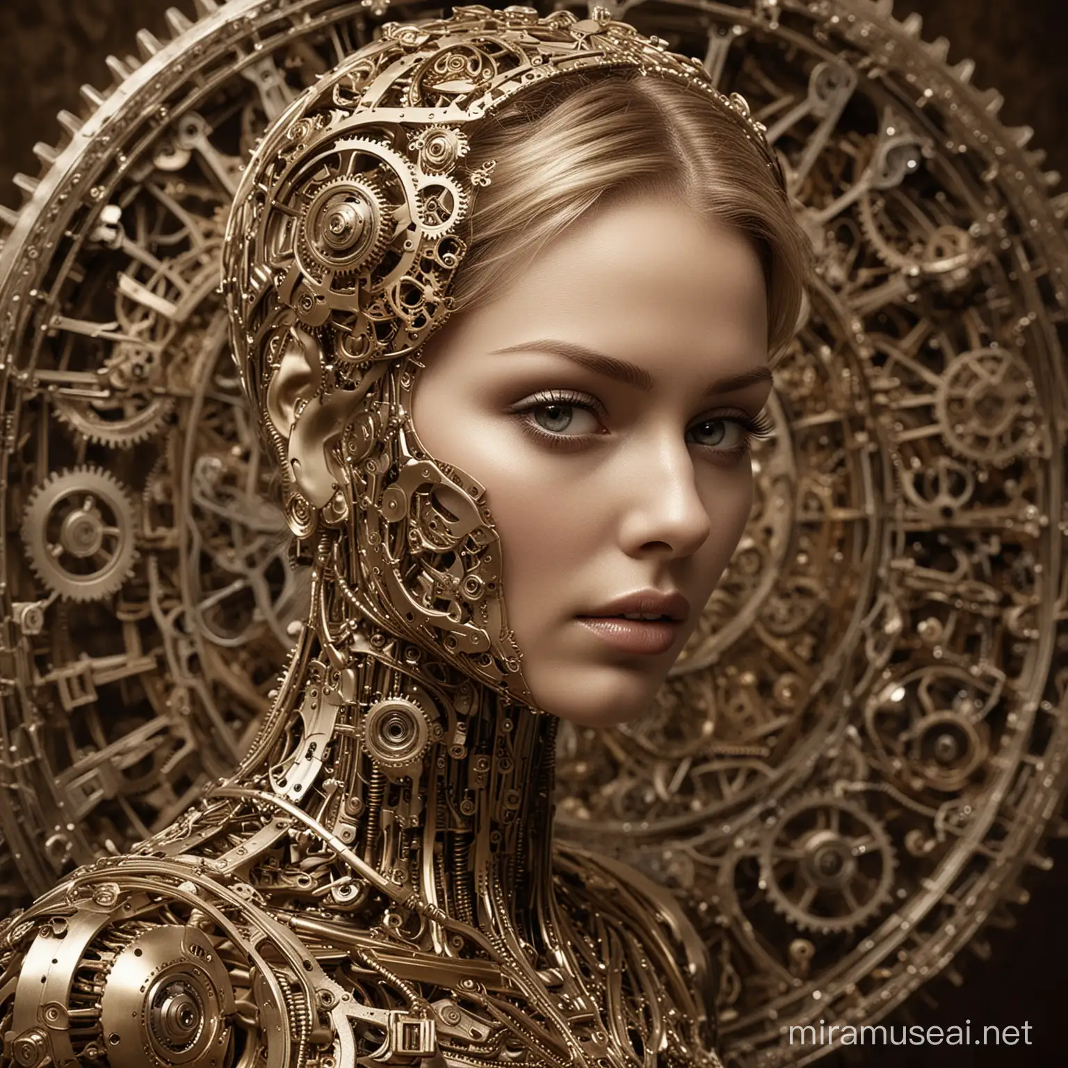 A mysteriously elegant neo-victorian cybernetic implant gleams with intricate brass gears and delicate clockwork, seamlessly melding man and machine. This captivating centerpiece in the photograph, a vintage sepia-toned portrait, exudes an aura of refined steampunk sophistication. Every detail is crisply captured, from the fine filigree of the implant to the subtle hints of wear and tear, creating a mesmerizing juxtaposition of old-world charm and cutting-edge technology. The image quality is impeccable, with rich textures and striking contrasts that bring the implant to vivid life.