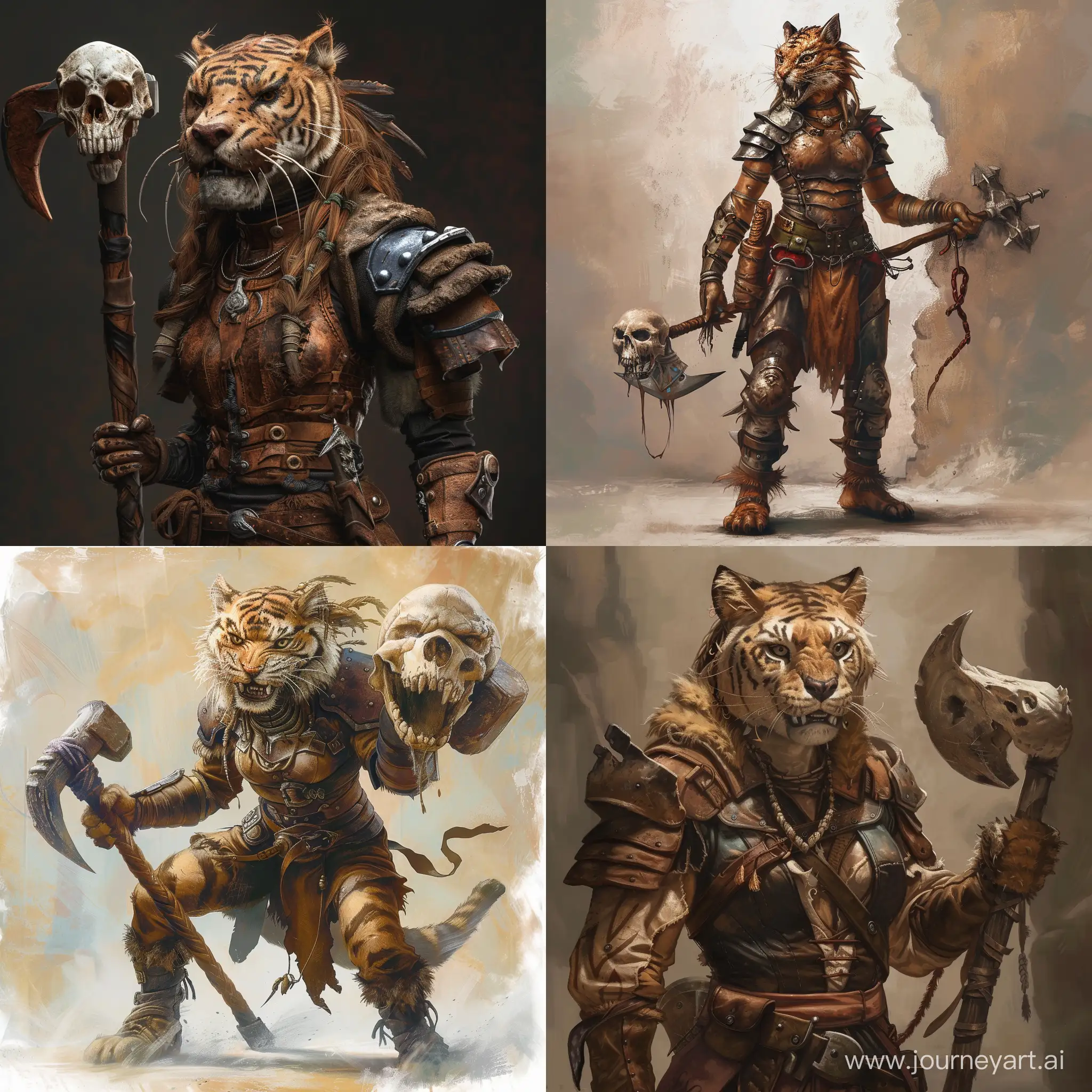 Fierce-Tabaxi-Warrior-SaberToothed-Tigress-in-Leather-Armor-and-Skull-War-Hammer