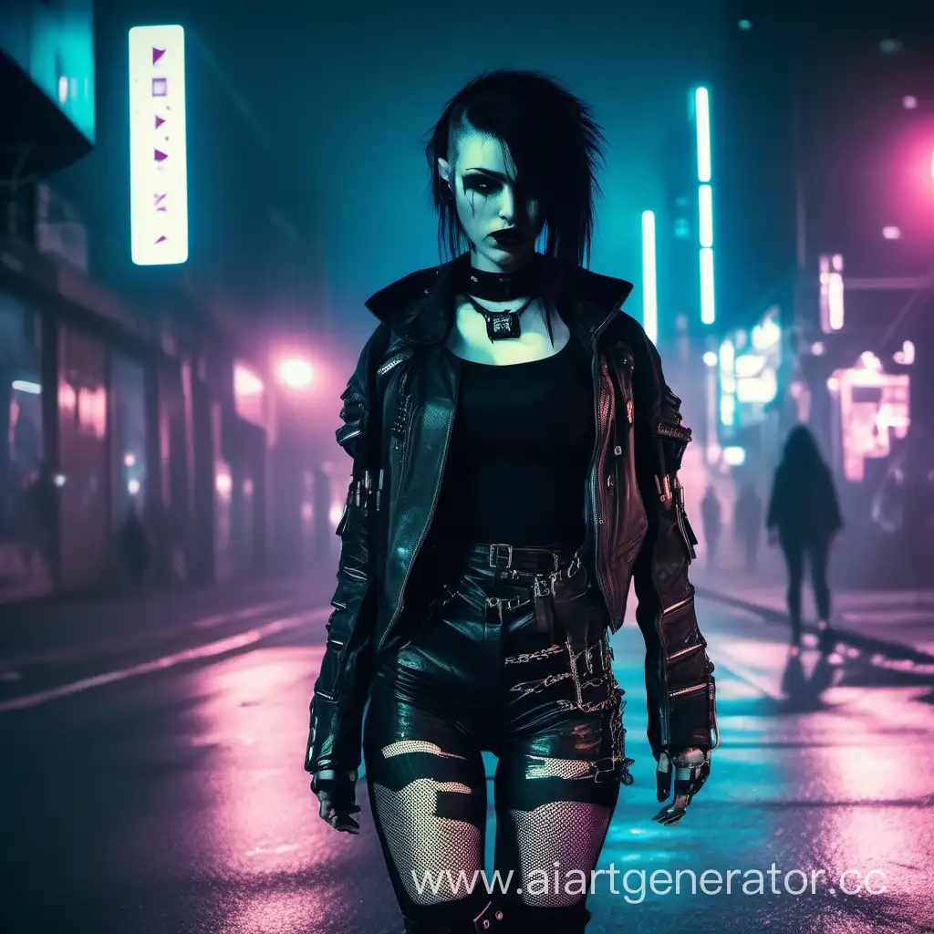 Cyberpunk goth girl walking the streets at night