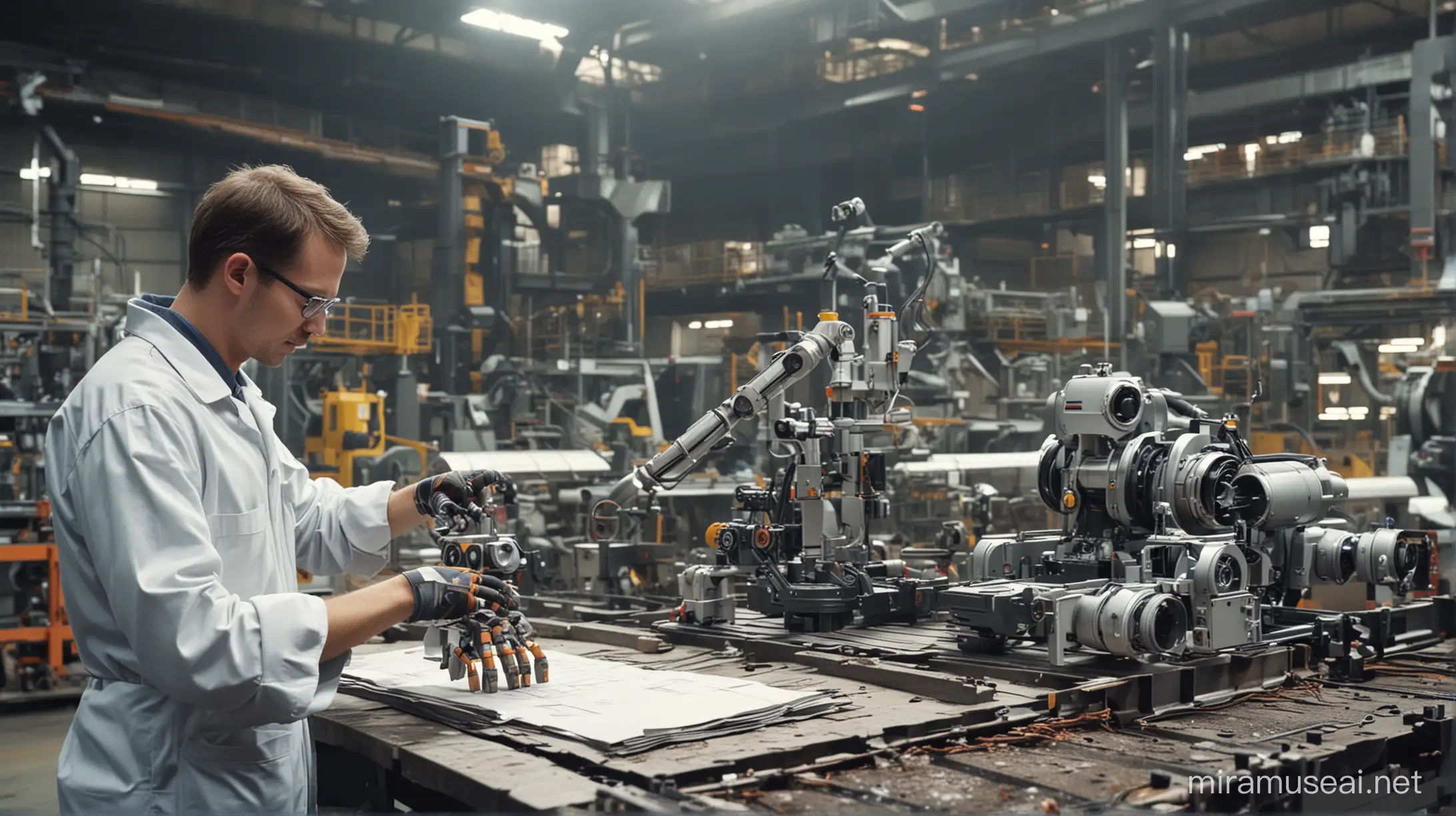 A technician working in a paper mill environment. The technician should be shown engaged in a specific task. Next to the technician, position a small robot designed to assist with tasks in the paper mill. This robot should be animated and enthusiastic.