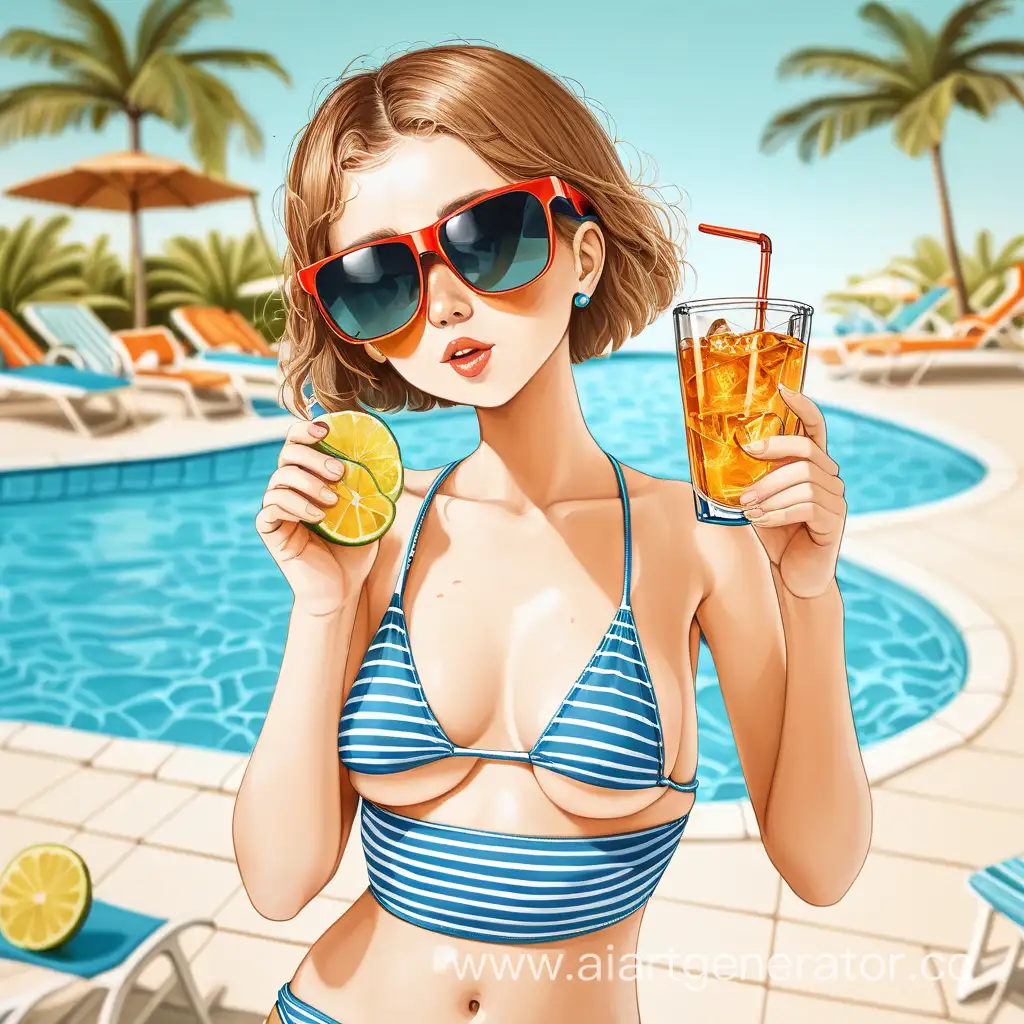 Девушка держит в руках напиток, на глазах солнцезащитные очки, одета в купальник