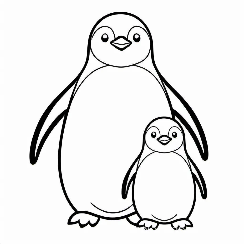 Smile mother and cute baby penguin , Coloring Page, black and white, line art, white background, Simplicity, Ample White Space. The background of the coloring page is plain white to make it easy for young children to color within the lines. The outlines of all the subjects are easy to distinguish, making it simple for kids to color without too much difficulty