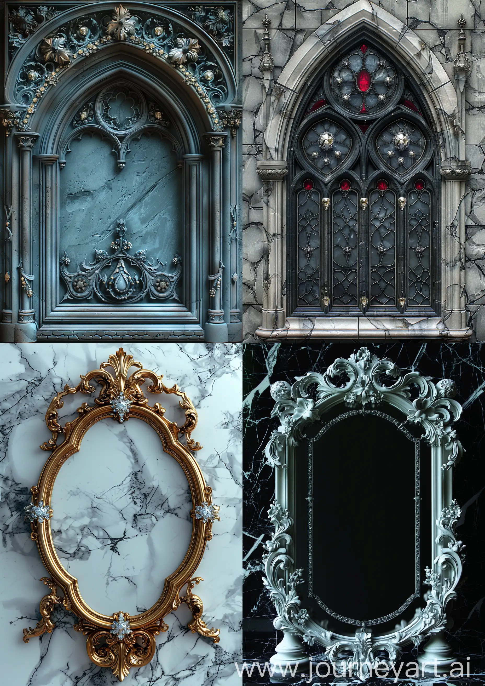 realistic gothic fine frame ornated in diamonds, white marble, high detailed, —c 22 —s 750 —v 6.0 —ar 5:7