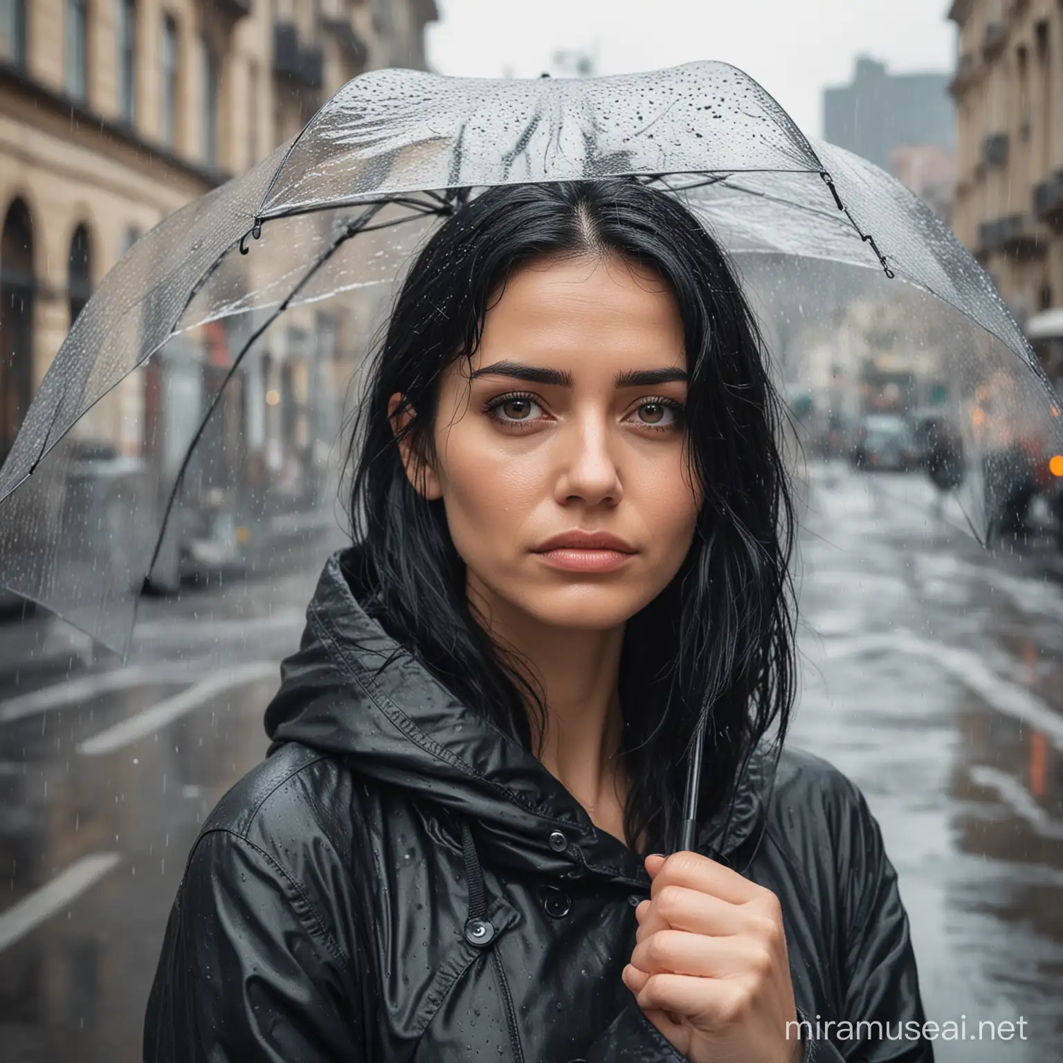 Sad woman with black hair on a rainy day in the city without umbrella