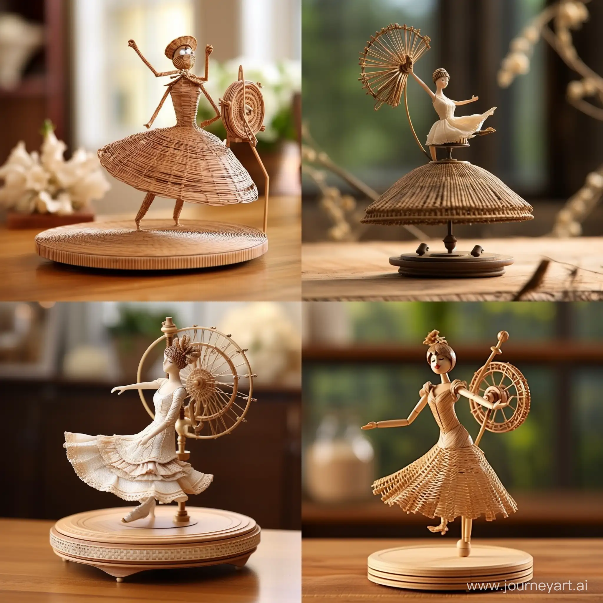 A rattan wind-up ballerina, elegantly designed, that spins gracefully on a small base, with wind-up gears, showing the wind-upmechanism.