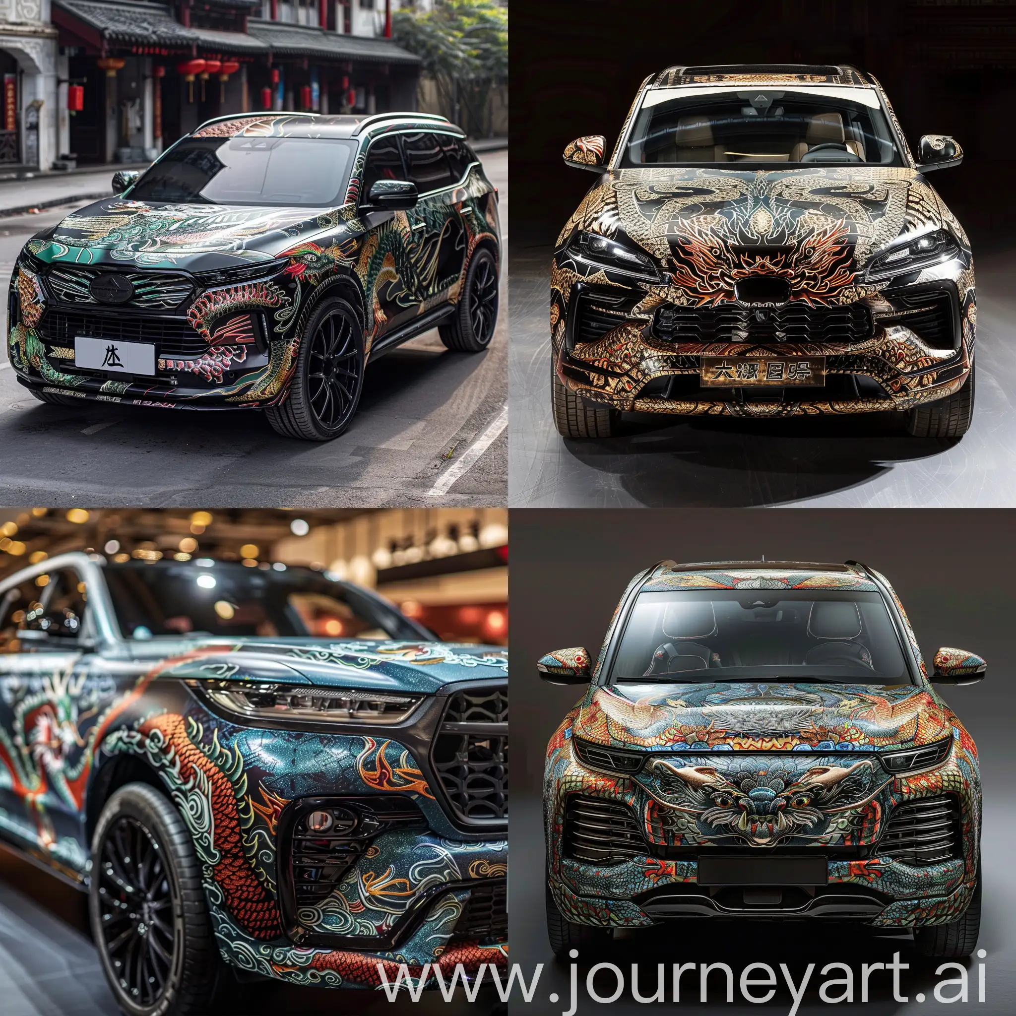 a suv, front of the car looks like a dragon, the car is decorated with dragon images, chinese dragon culture