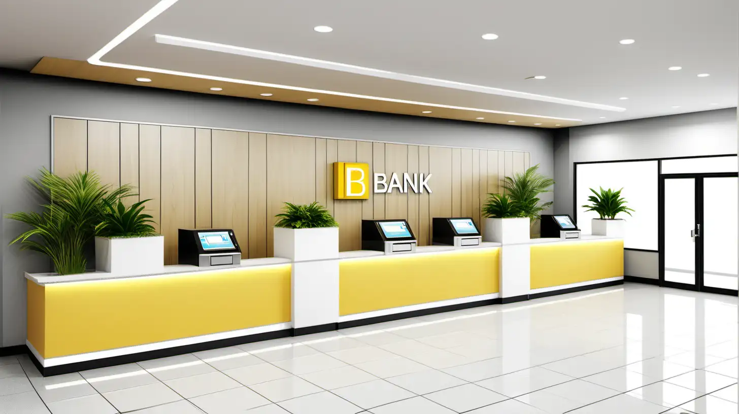 A 5 by 11 meters bank branch office layout, which consists of two customer service counter, two bank teller counter, both on the left side, while the other side is an ATM machine and a vast customer waiting lounge, of which the colors are mostly light grey, with some light wooden panels, and with some splash of yellow accent, and with some small plants