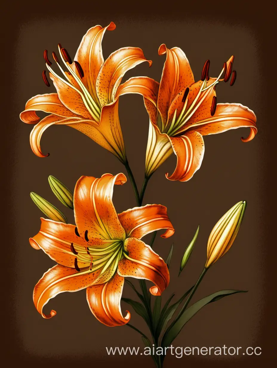 Botanical wild orange Lily flower on brown background