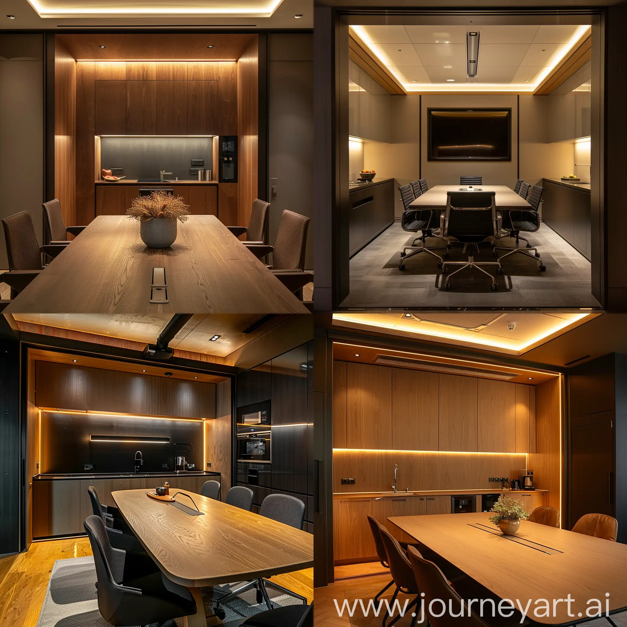 boardroom, 4-6 seater, wall to wall concealed kitchenette, dim lighting, 