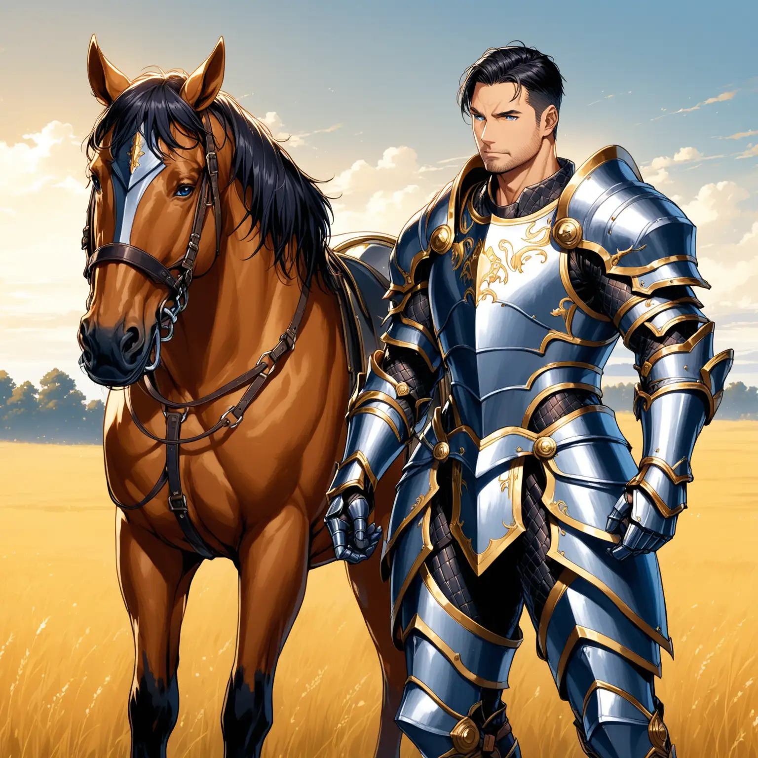 1 man. He is a paladin of Torm. He is handsome and very muscular and 40 years old. He has undercut black hair and blue eyes. He is wearing steel knight armor with royal blue and gold trim. He is standing in a field petting a brown warhorse. He is not wearing a helmet. He has an calm expression.