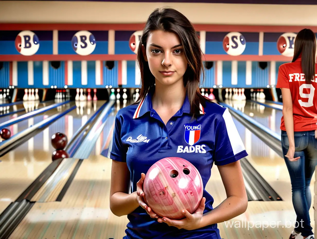 In the background are bowling alley lanes. In the foreground holding a bowling ball and wearing a team shirt is a young attractive French woman.