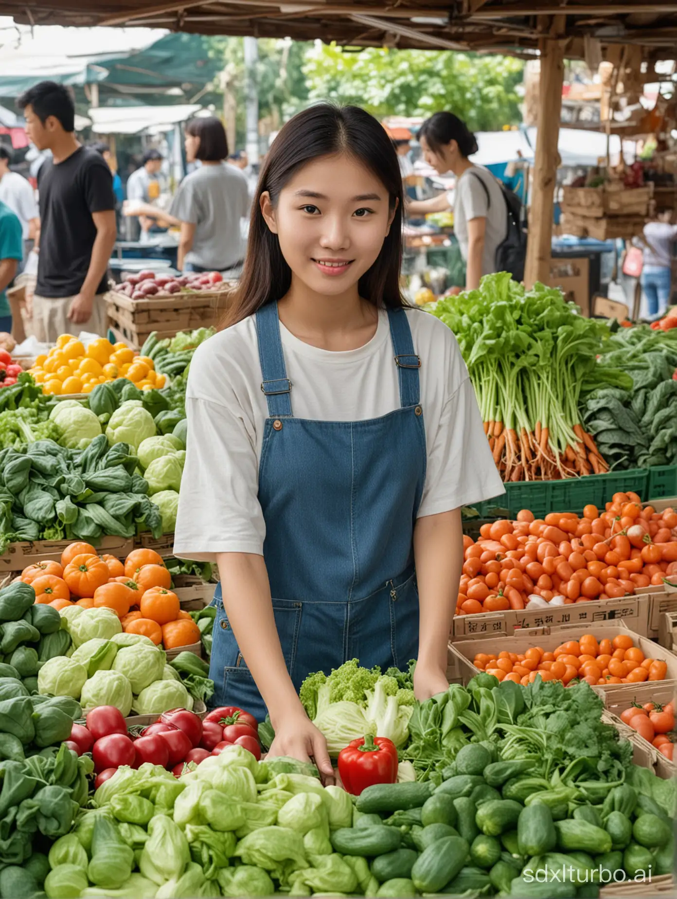 18-year-old Asian lady chooses vegetables in front of a vegetable stall
