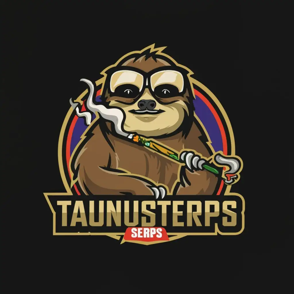 a logo design,with the text 'TaunusTerps®', main symbol:a stoned sloth with glasses smoking a joint and add some cannabis,complex,clear background