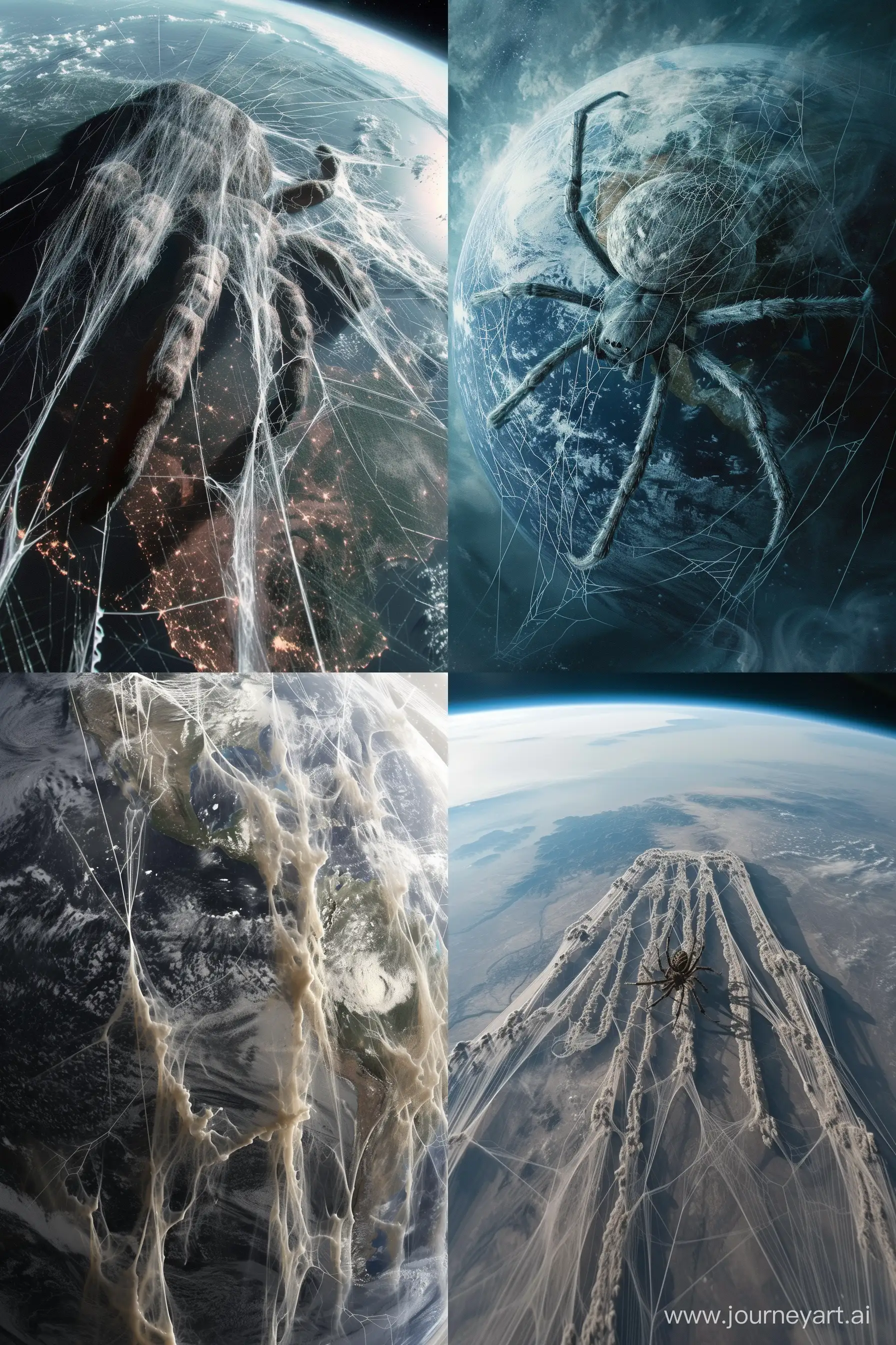 color photo of a satellite view from space, capturing a massive spider crawling across the entirety of planet Earth. The aerial view of bird's-eye perspective satellite image offers a breathtaking view of the planet, as the spider weaves an intricate and menacing web that engulfs the Earth in its entirety. The thick strands of the spiderweb drape over the surface, with excess webbing dangling in Earth's atmosphere like ethereal tendrils. The overall scene is cloaked in a creepy, sinister atmosphere, evoking a sense of abandonment and desolation. The color grading intensifies the eerie mood, with deep shadows and muted tones, further emphasizing the feeling that Earth has been forsaken. This captivating image serves as a haunting reminder of the spider's overpowering presence and the absence of humanity. —c 10 —ar 2:3
