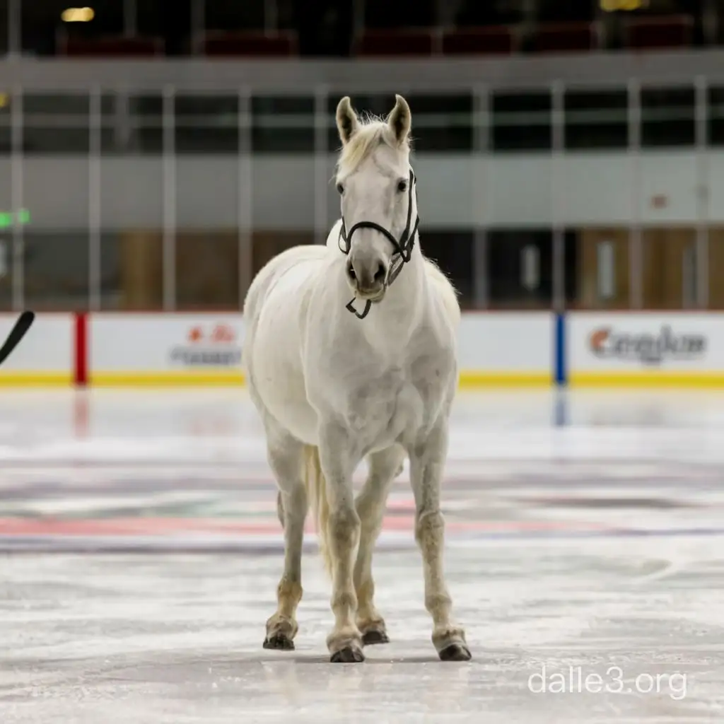 The photo was taken with a Canon EOS 5D Mark IV RF 24-70mm F2 camera.8L IS USM, on the ice hockey field it cost (a beautiful white horse:1.5) with a full body in a full pose with a hockey cape on his back looking at the viewer, in the background there are hockey players in a row and looking at a horse, high definition photos, winner of the photography competition in 2020, the photo is published on 35AWARDS
