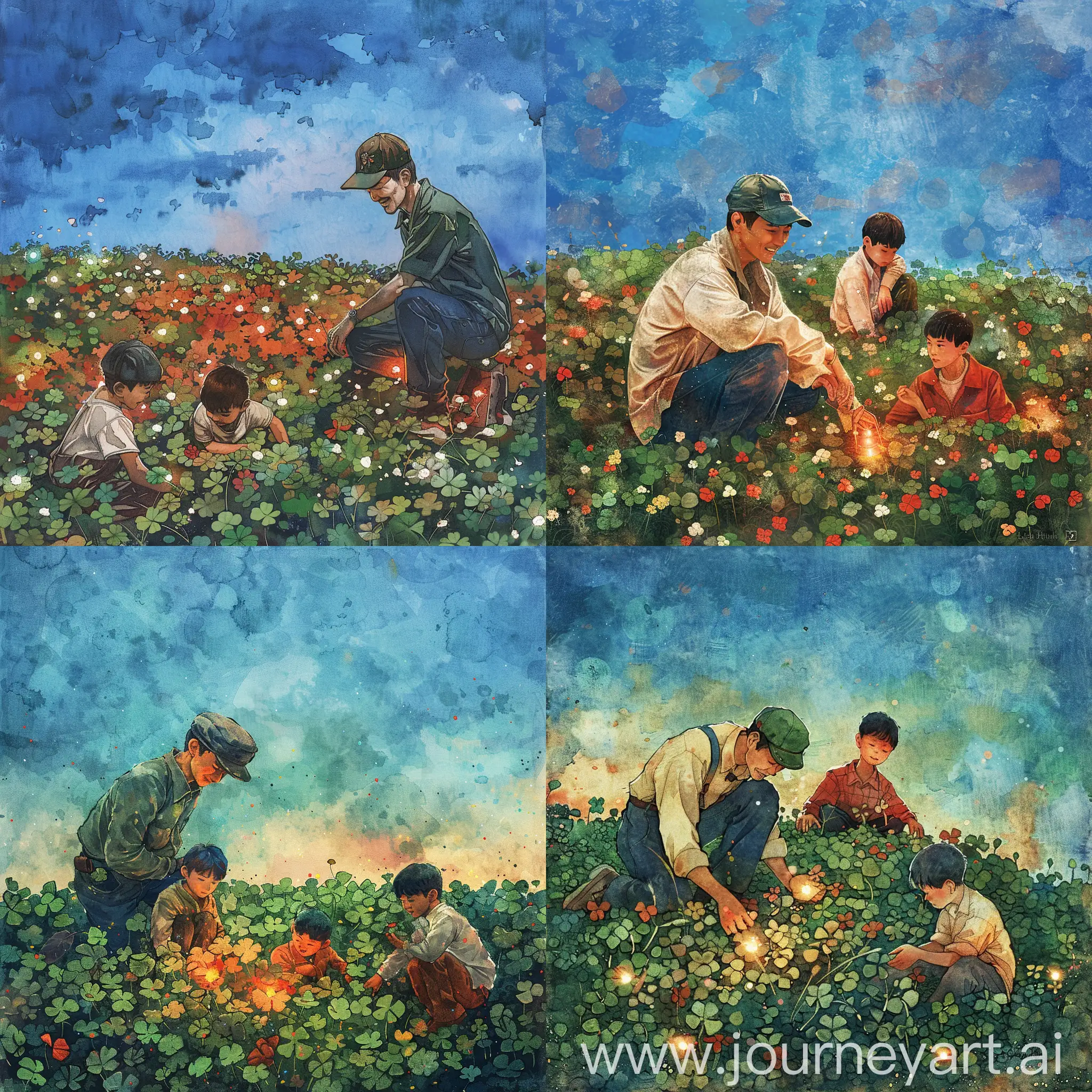 fantasy exploration, 1 adult Korean male explorer on cap, 2 boys of curious Surprised, field full of clover flowers, ((number lamp lights on clover flowers)), sitting around, picking clover, adventure of fantasy characters, illustration, abstract, texture, watercolor, illustrator, hand drawn texture, different colors like reds, oranges, greens, browns, greys, white and black. This scene evokes an atmosphere that feels both dreamy and fantastical, with a blue sky, in the style of an impressionist painter. 