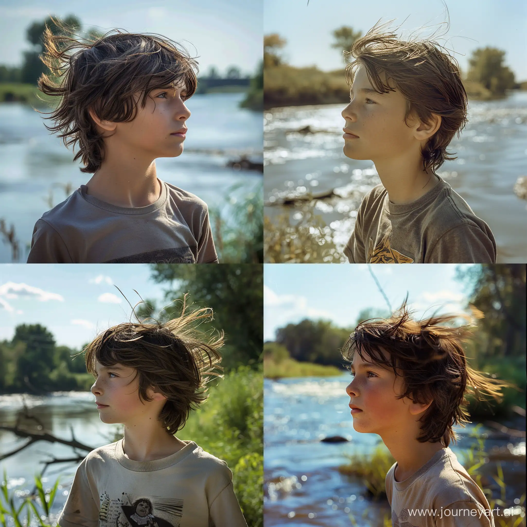 фото цветное,мальчик 12 лет, профиль,анфас, по грудь, смотрит в даль,в майке, на реки ,ветер развивает волосы,  светлый день