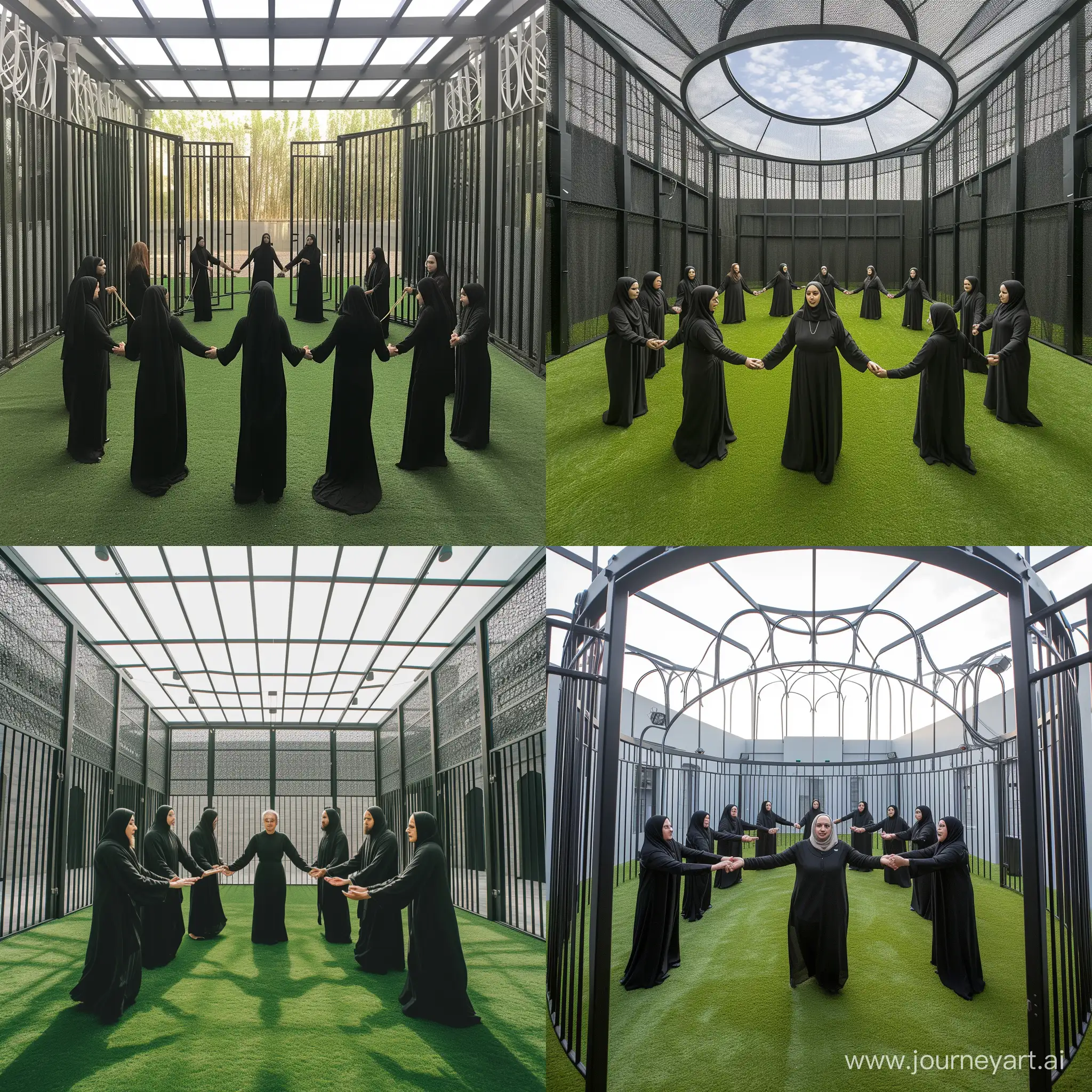 individual of caucasian descent abut 10 of them are dressed in black as muslims stand holding hands in a round circle. on astroturf with gates around them but open roof to sky