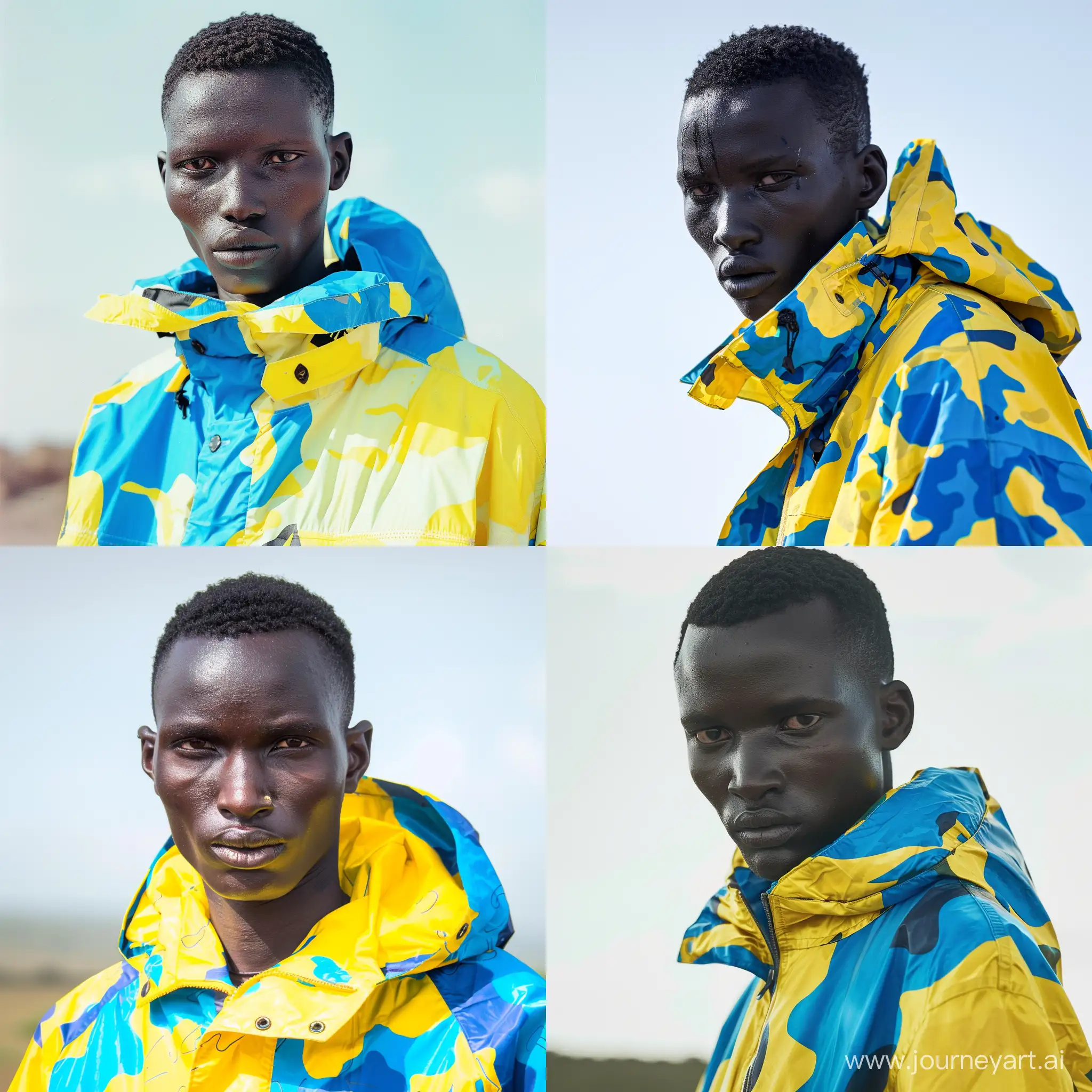 editorial fashion shot, Ethiopia ethnicity, male, short black hair, Intense gaze, pale complexion, vibrant yellow and blue camo jacket, high contrast daylight, vivid and playful mood - - style raw - - s 500
