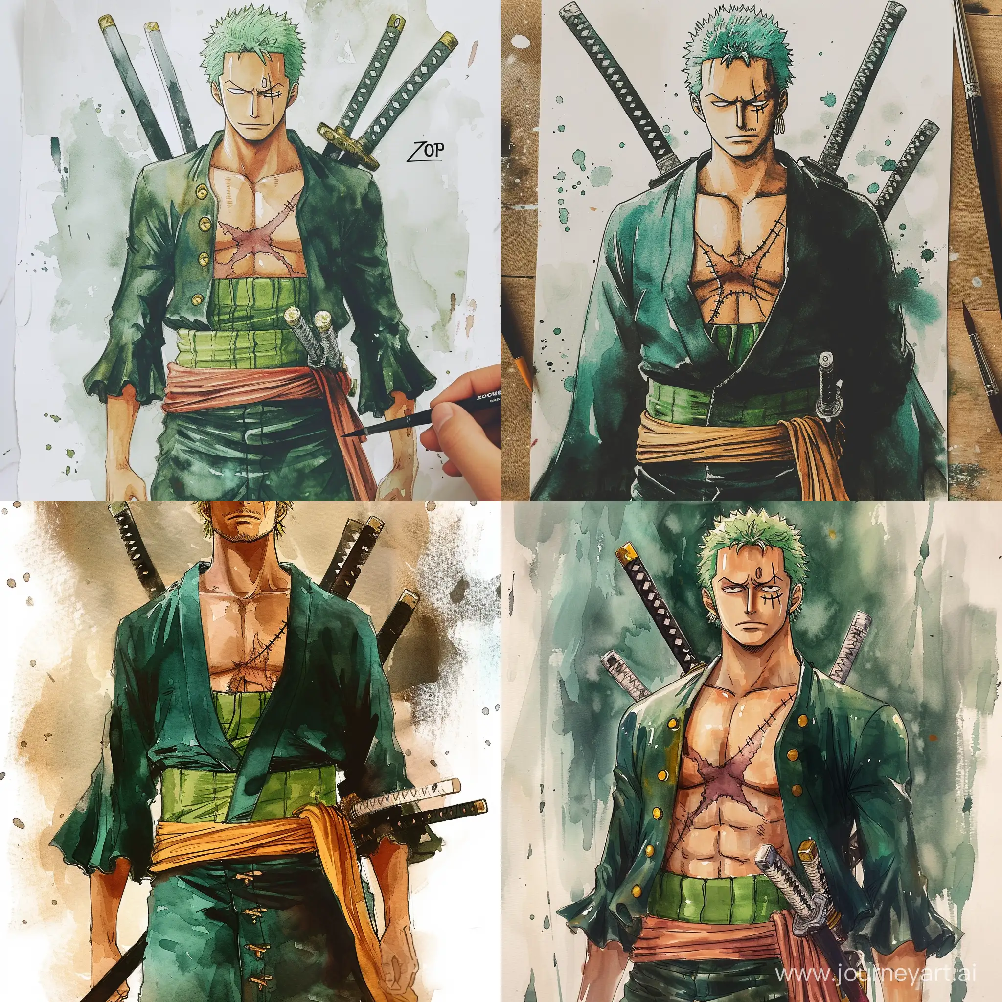 Character zoro.anime one piece.draw with hand.water color.cold.three sword in belt.