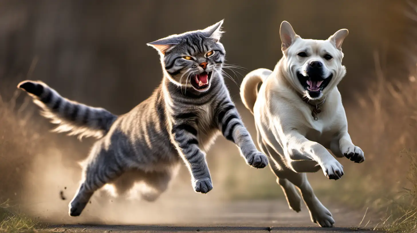 a real life image of a gray tabby cat pouncing on a Labrador-Chow mix dog, snarling and vicious, head to toe, full body