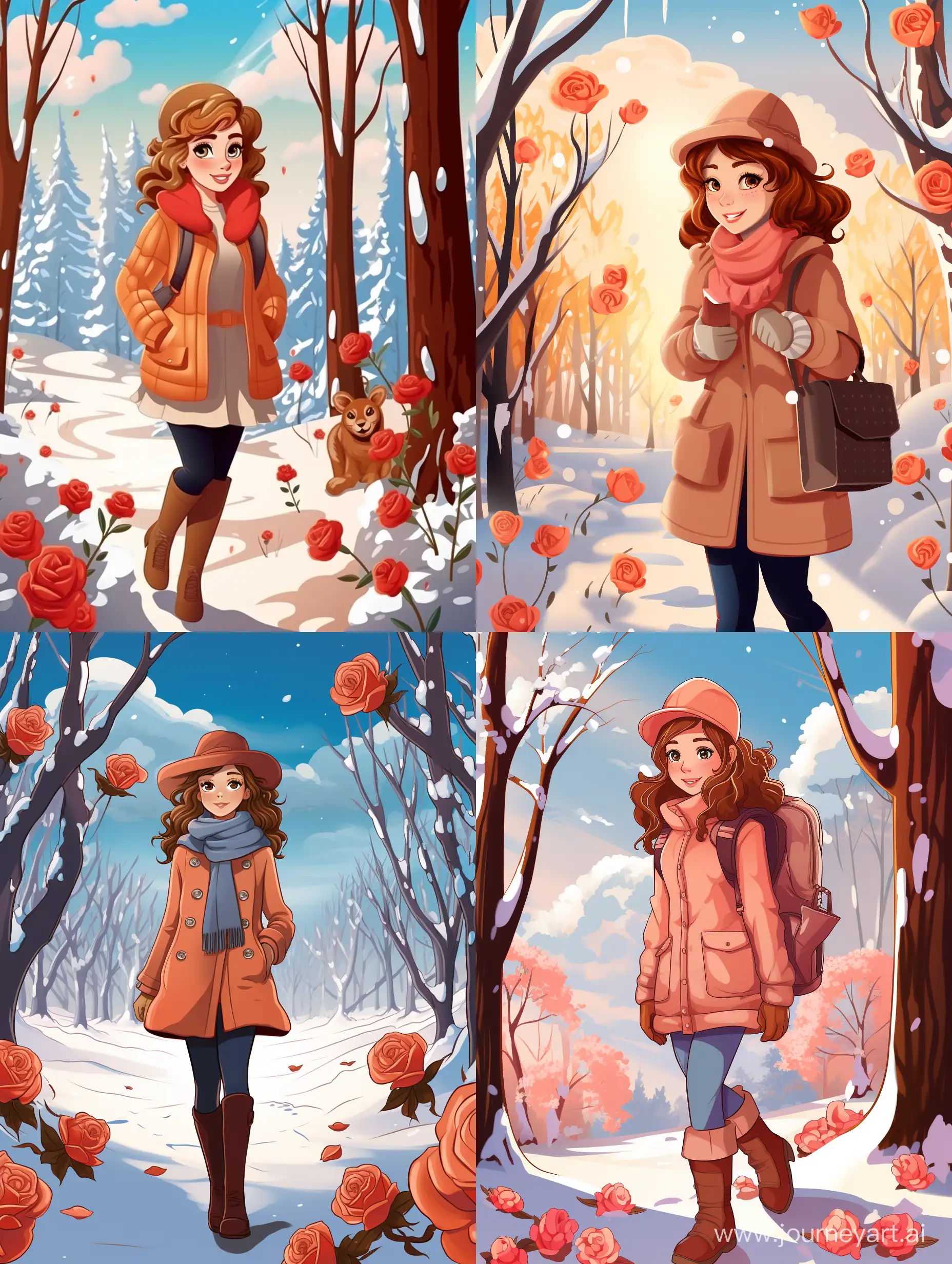 A beautiful girl is walking through a winter forest on a bright sunny day, and roses are blooming all around. Style: cartoon