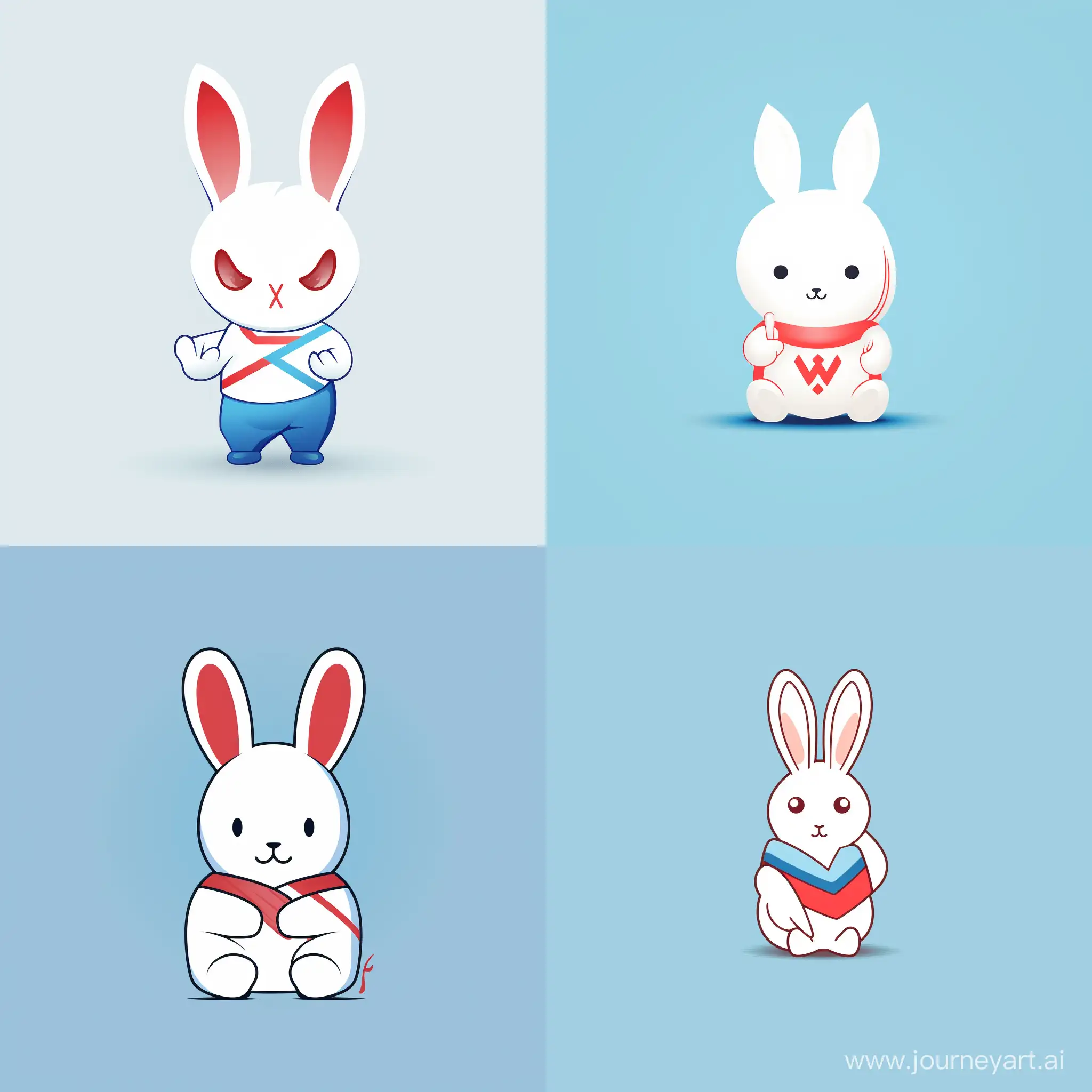 line work only, logo design illustration, minimal , japanese style, cool bunny turns around and holding V sign, light blue line and light red line, no filling colour