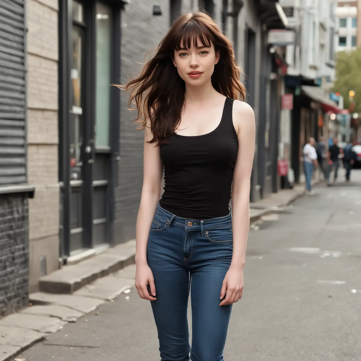 Anna Popplewell in a Spring Street Setting with Modern Casual Fashion