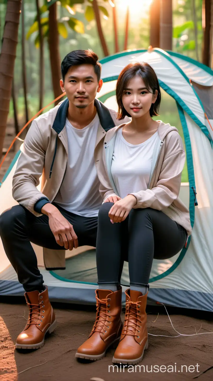 Serene Asian Couple Squatting in Tropical Forest at Twilight