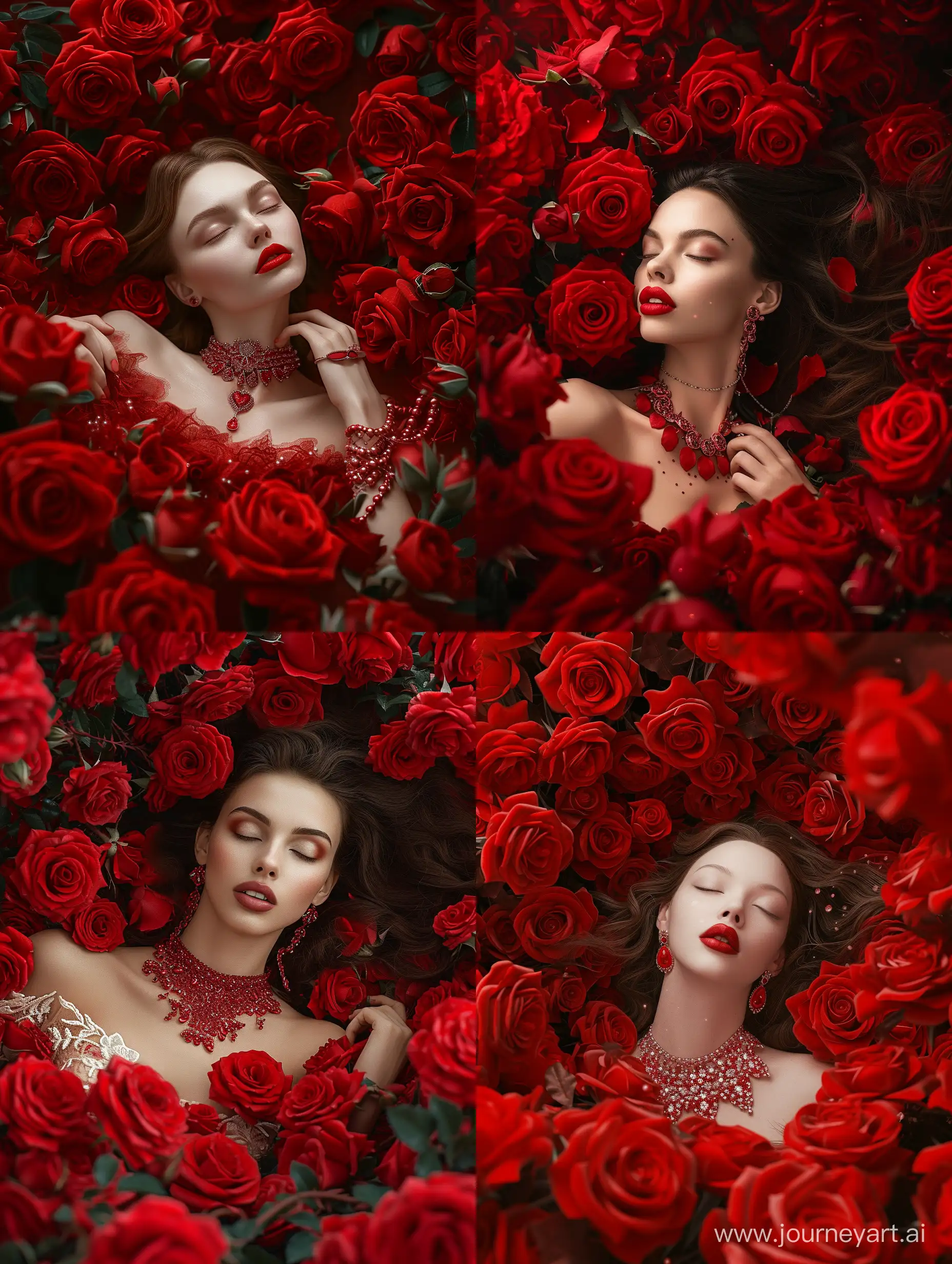 Dreamy-Woman-Amidst-Red-Roses-Imagines-Romantic-Kiss