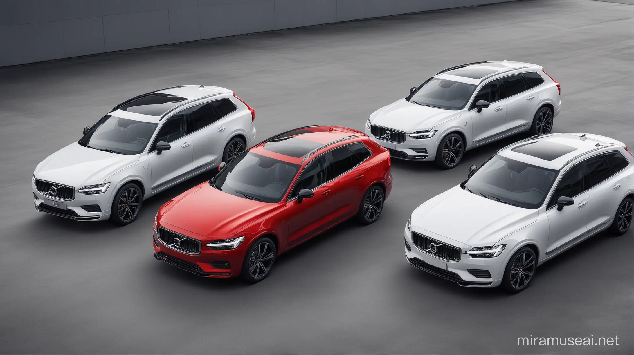 THREE DIFFERENT VOLVO CARS, FIRST CAR VOLVO S90 IN RED COLOR, SECOND CAR VOLVO XC90 BLACK COLOR, THIRD CAR VOLVO XC40 WHITE COLOR