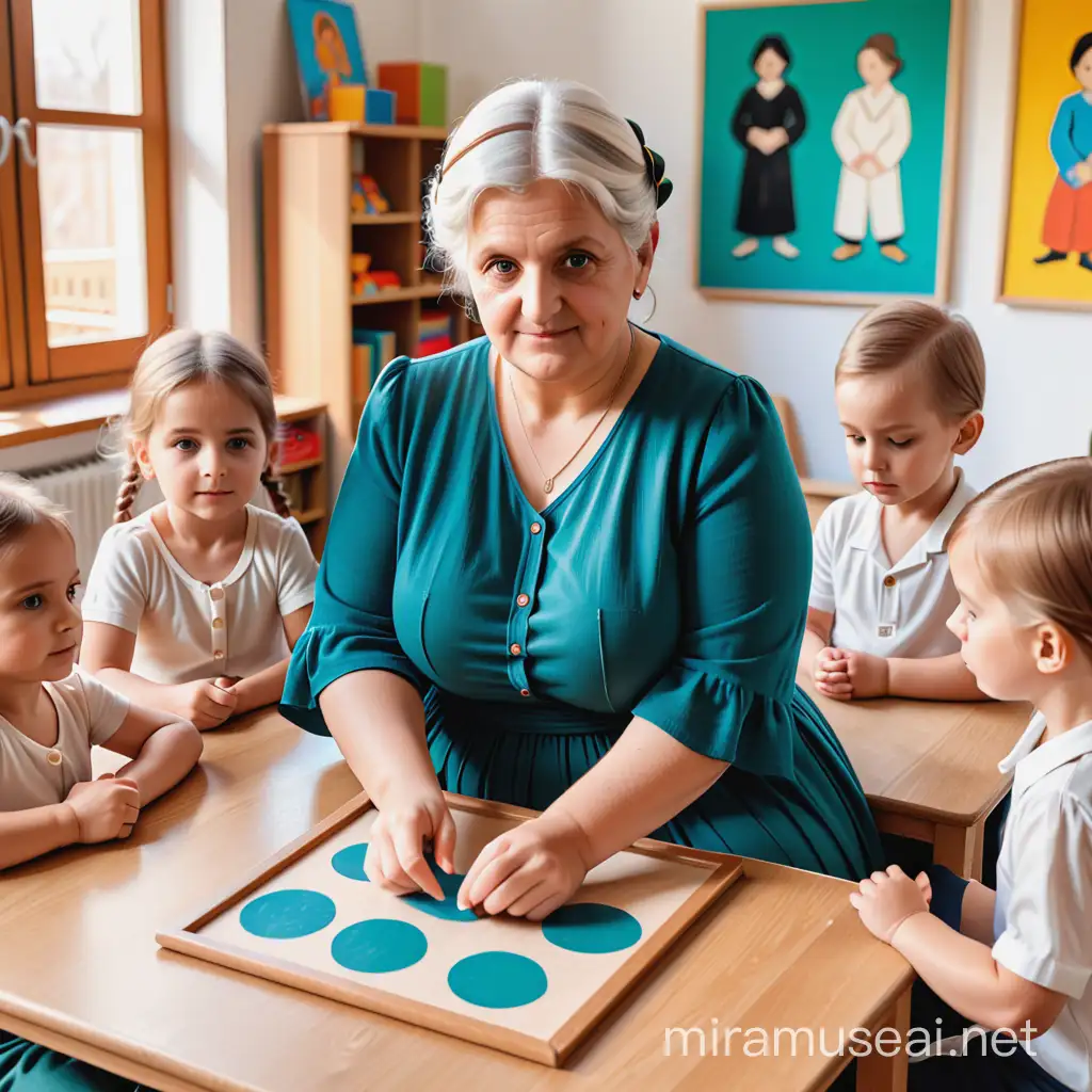Maria Montessori Teaching Four Children in Picassoesque Classroom