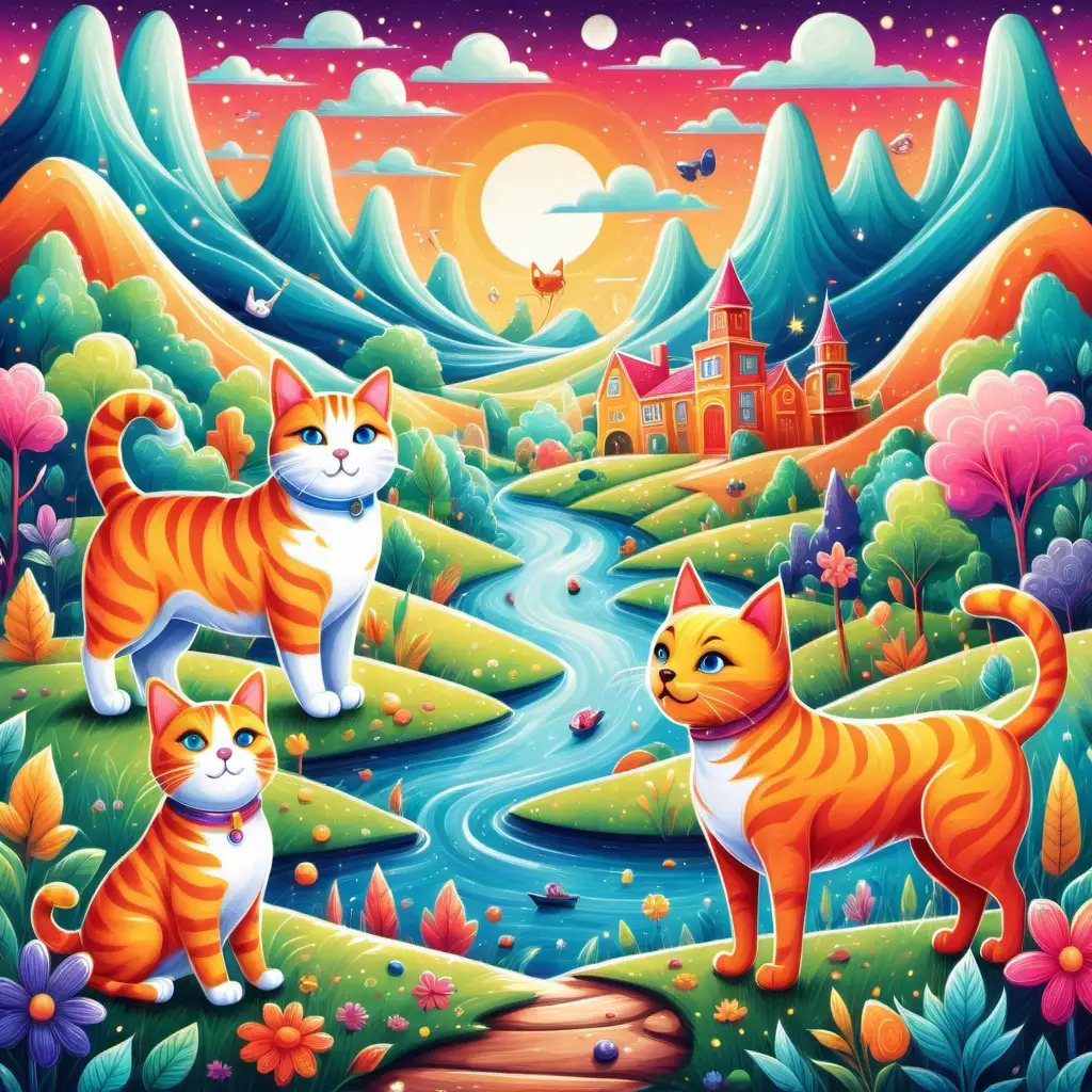 "Create a whimsical and colorful design featuring their favorite ,cat and dog , vibrant landscapes, or imaginative characters, sparking joy and creativity 
 
