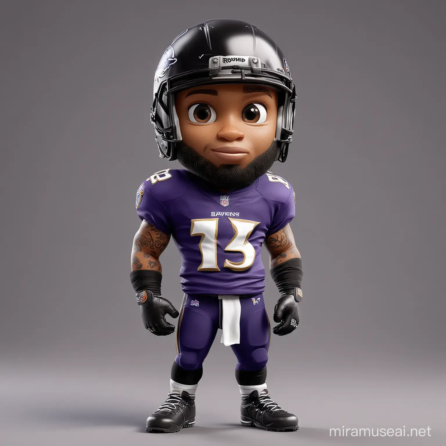 a cute 3d rendered nfl player looks like odell beckham jr. wearing helmet and baltimore ravens kit, standing pose, cartoon style
