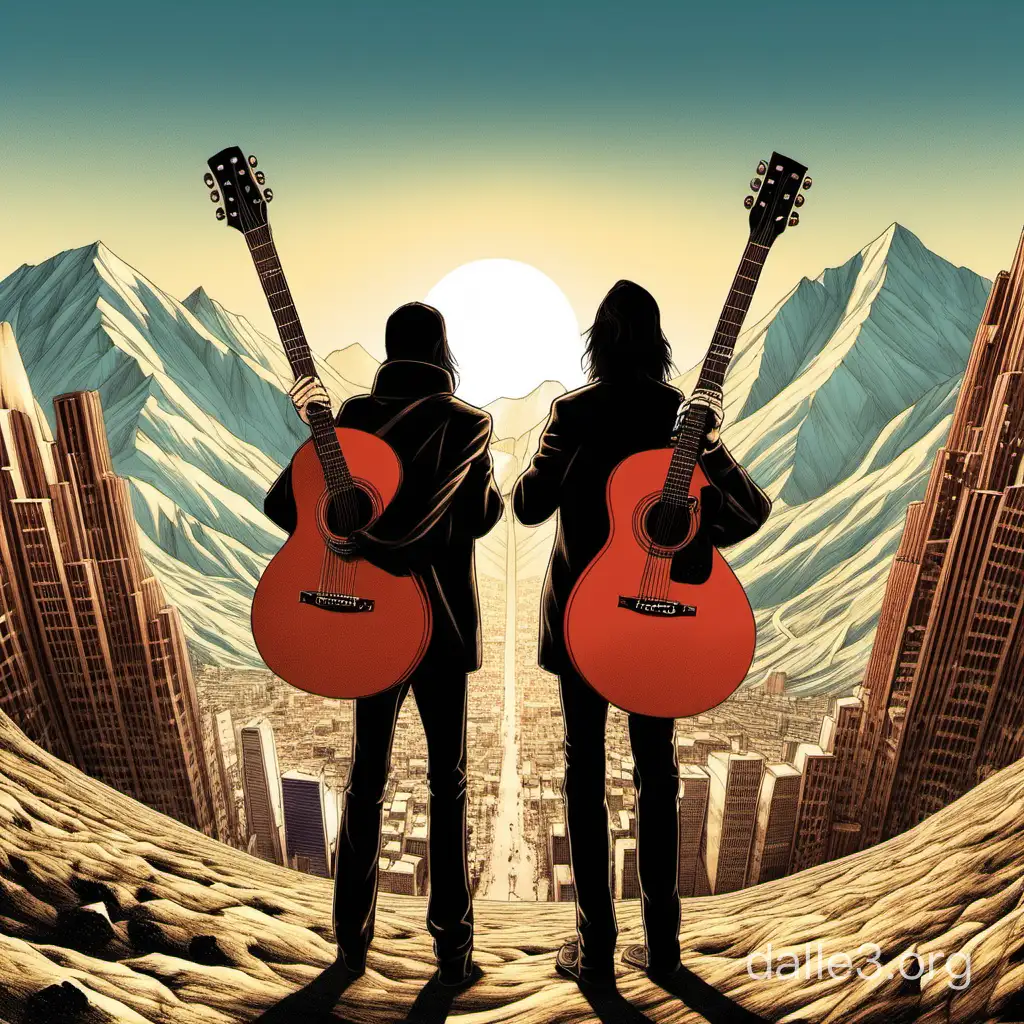Two stand back to back, guitars on their backs, around them mountains, sun, cities