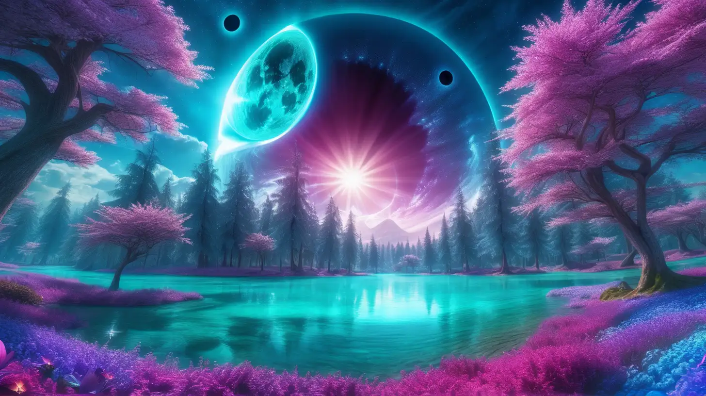Enchanting Solar Eclipse Over RoyalGreen Forest with Bright Flowers and Turquoise River