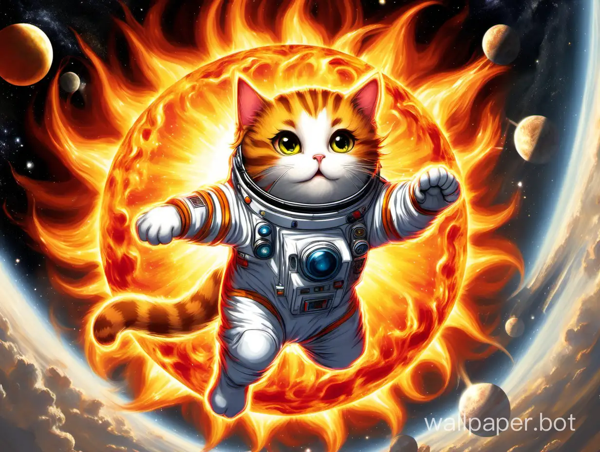 Giant ball of fire, like the sun. A cat is flying through the corona of the sun. The cat is wearing a spacesuit. She feels cold.