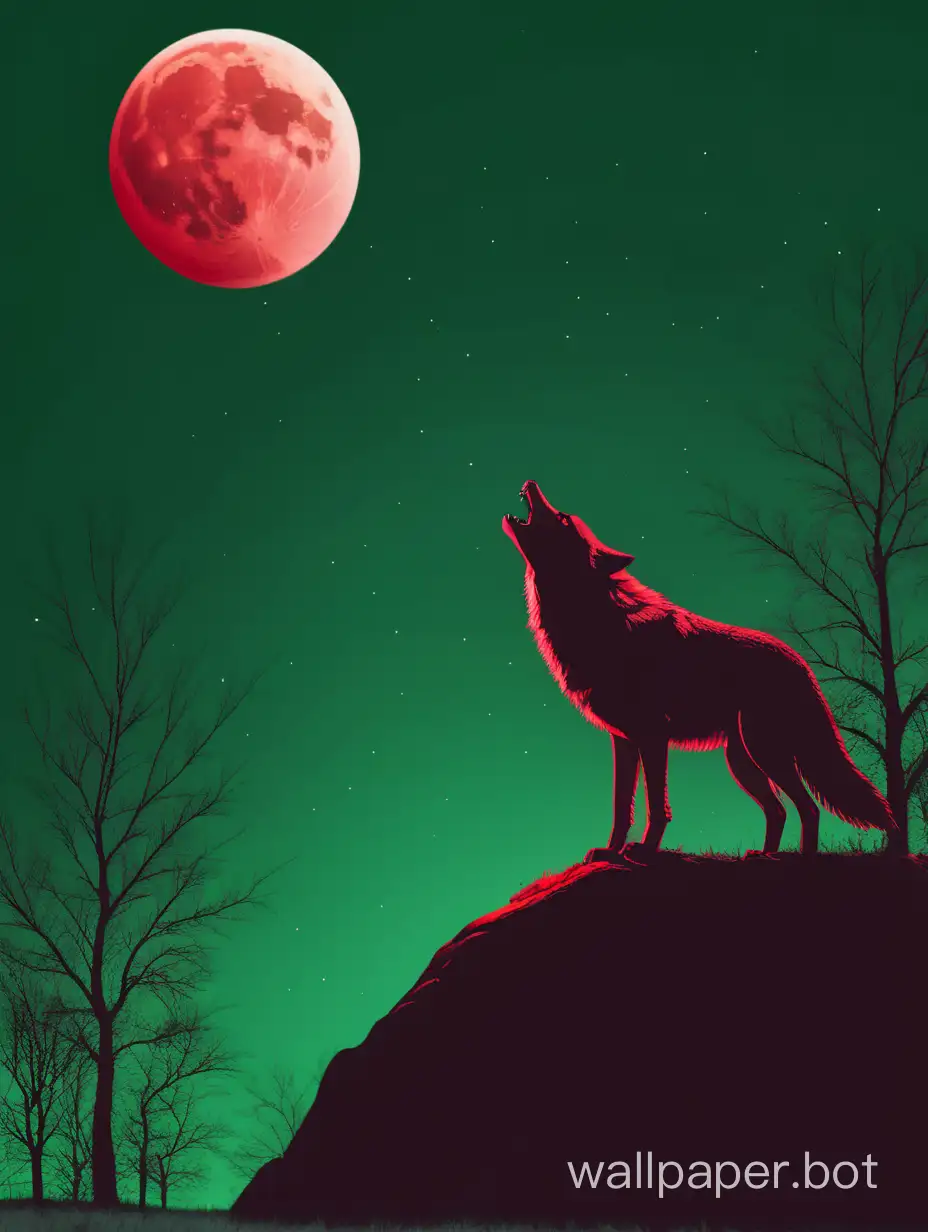 Majestic-Wolf-Howling-at-Red-Moon-Against-Enchanting-Green-Landscape