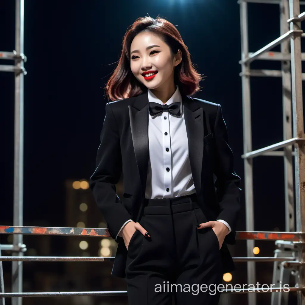 It is night. A stunning and cute and sophisticated and confident chinese woman with shoulder length hair and  lipstick is walking toward the edge of a scaffold. She is wearing a black tuxedo with a black jacket. Her pants are black. Her shirt is white.  Her bow tie is black. Her shirt buttons are black and shiny. Her cufflinks are black. She is smiling and laughing. She is relaxed. Her jacket is open.
