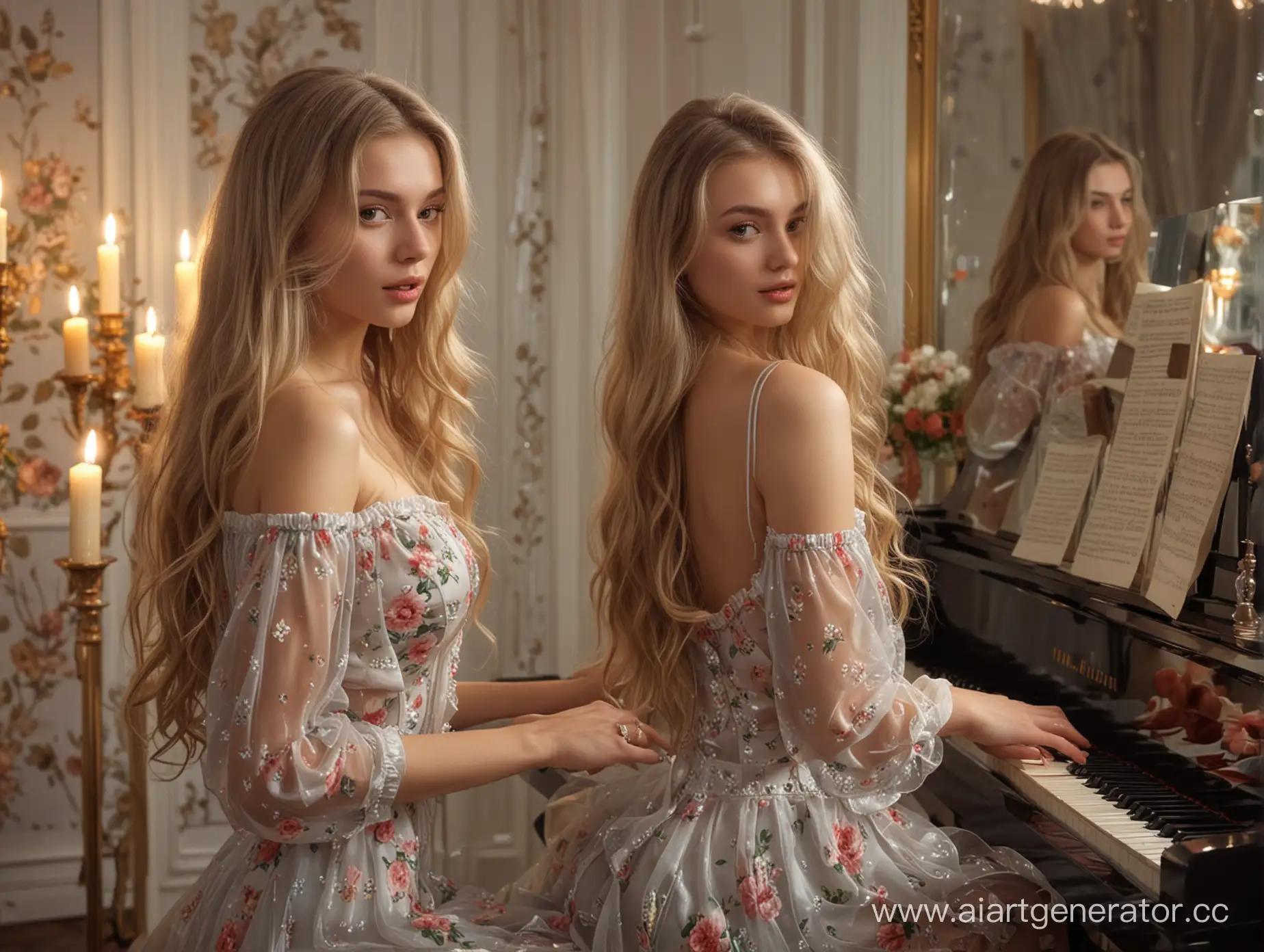 Цветочная комната с зеркалами, свечи, Молодая сексуальная Русская девушка играет на рояле, Бальное полупрозрачное платье, волнистые длинные волосы.