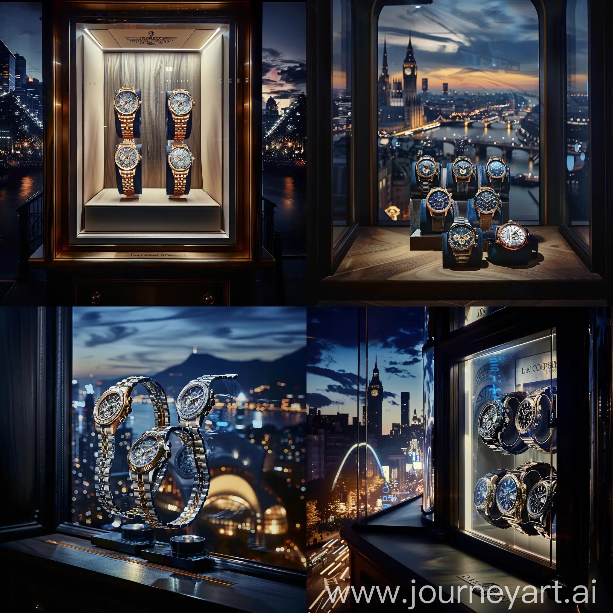 Craft a striking image that captures the timeless elegance of luxury watches showcased in a watch dealer's boutique window, set against a backdrop of bustling city lights or serene natural scenery. Highlight the intricate details and craftsmanship of the watches, evoking a sense of sophistication and allure that resonates with discerning watch enthusiasts. Use lighting and composition to convey the prestige and exclusivity associated with these coveted timepieces, enticing viewers to explore the dealer's collection further.