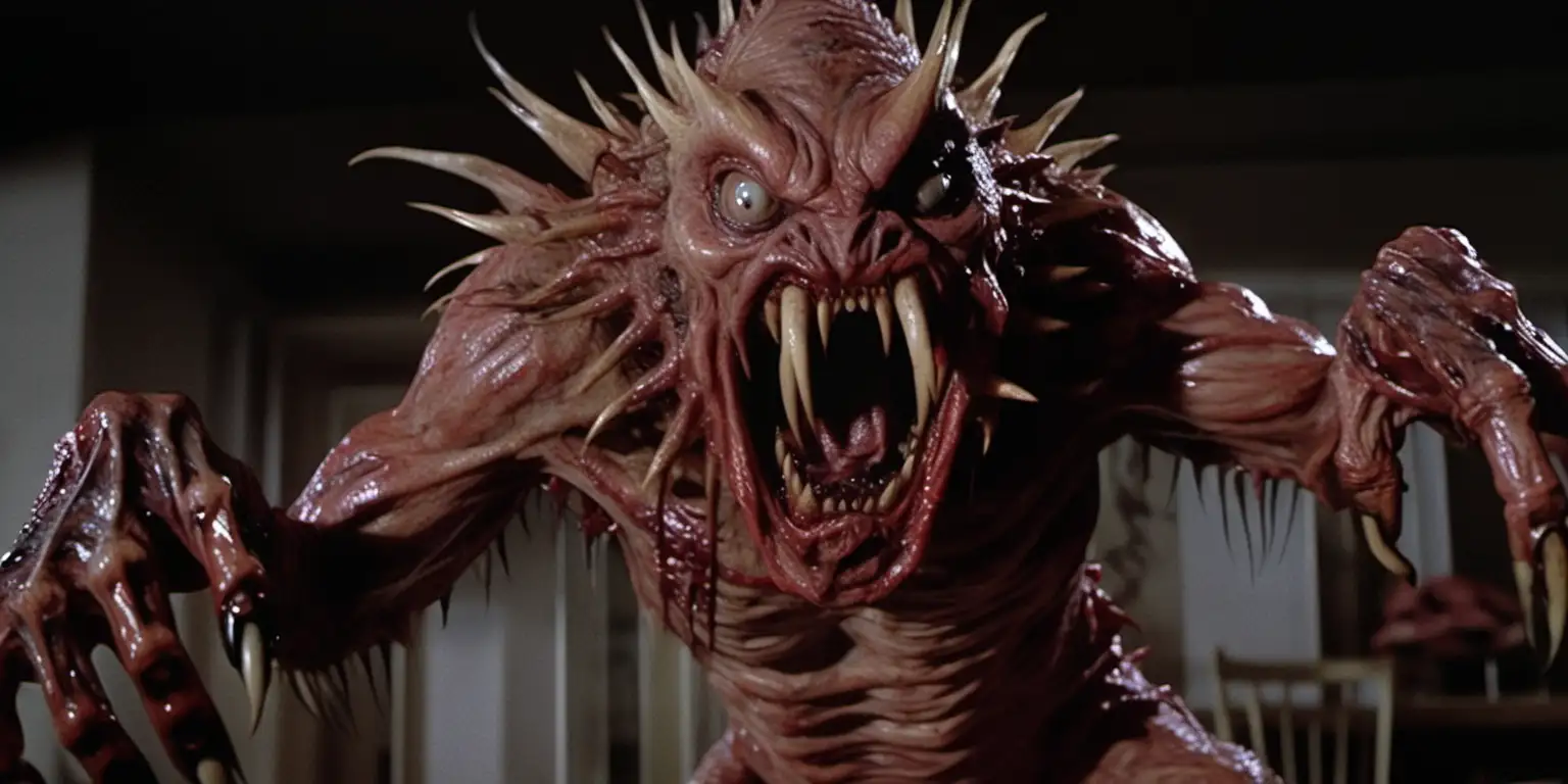 hideous ugly creature with giant claws, deformed monster, scene from movie, 1980s horror movie, scary