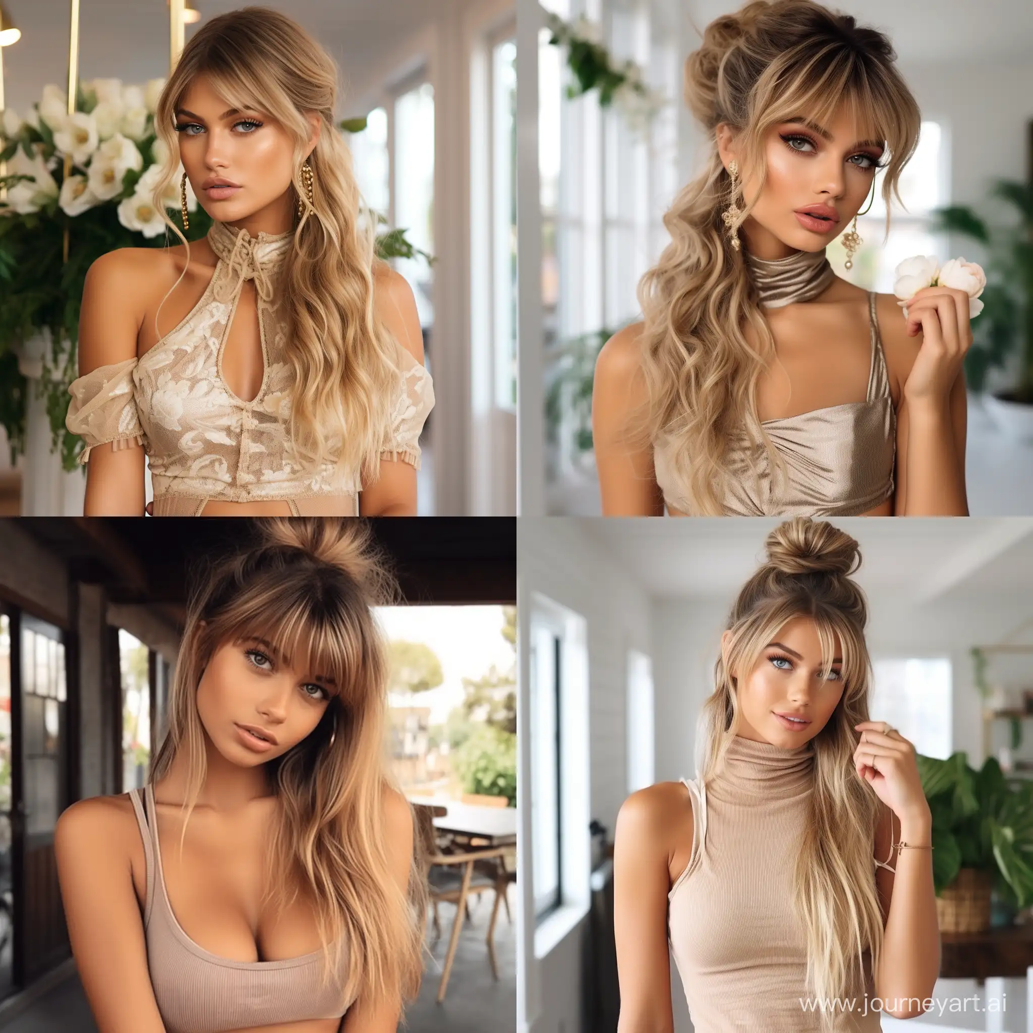 Elegant 2024 Spring Ponytail Hairstyles with Bangs Midjourney Prompt