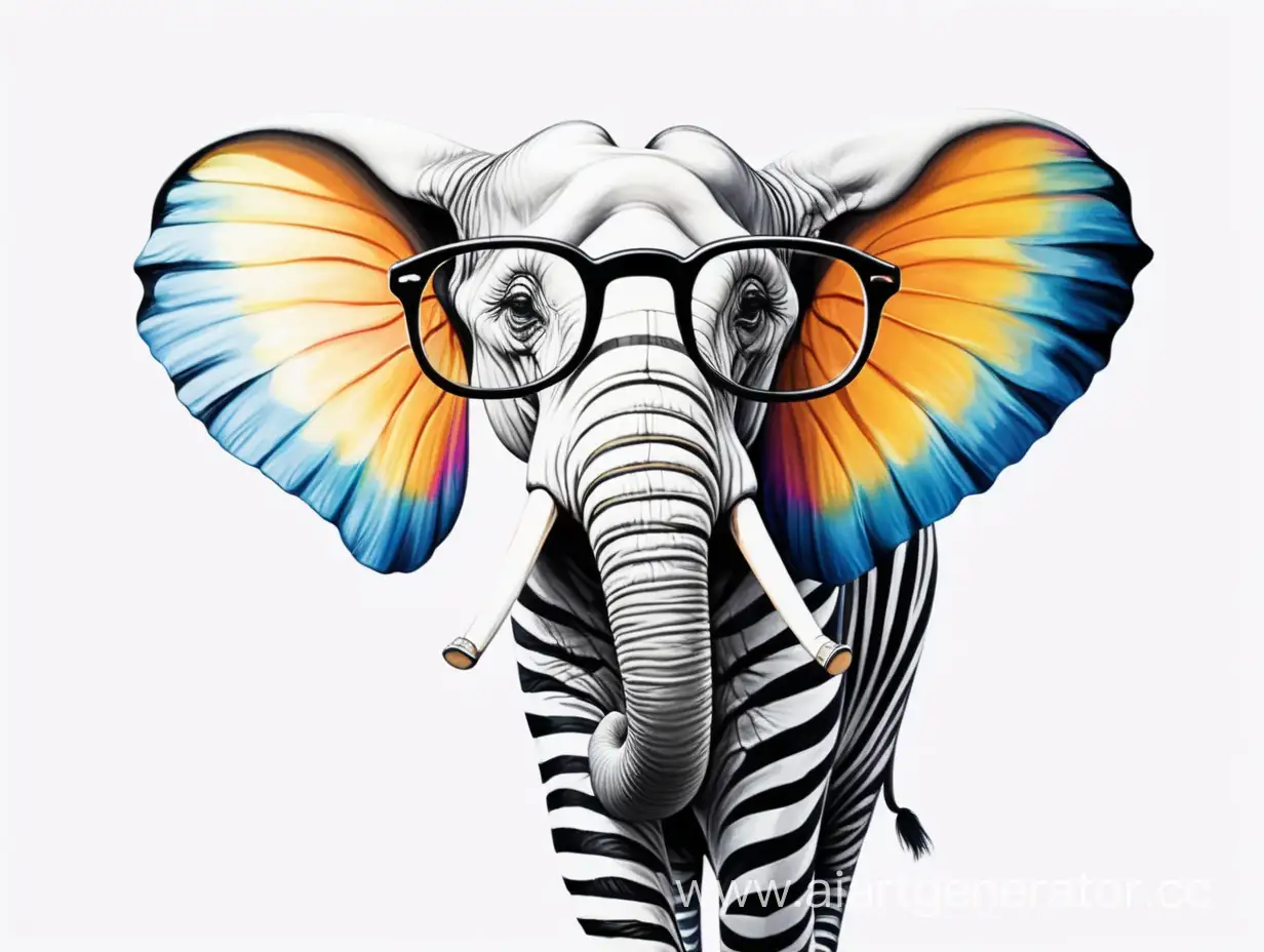 слон в очках с раскрасом как у зебры, вместо ушей разноцветные  крылья бабочки, хобот поднят вверх, иллюстрация 2d, минимализм, на белом фоне, ракурс три четверти