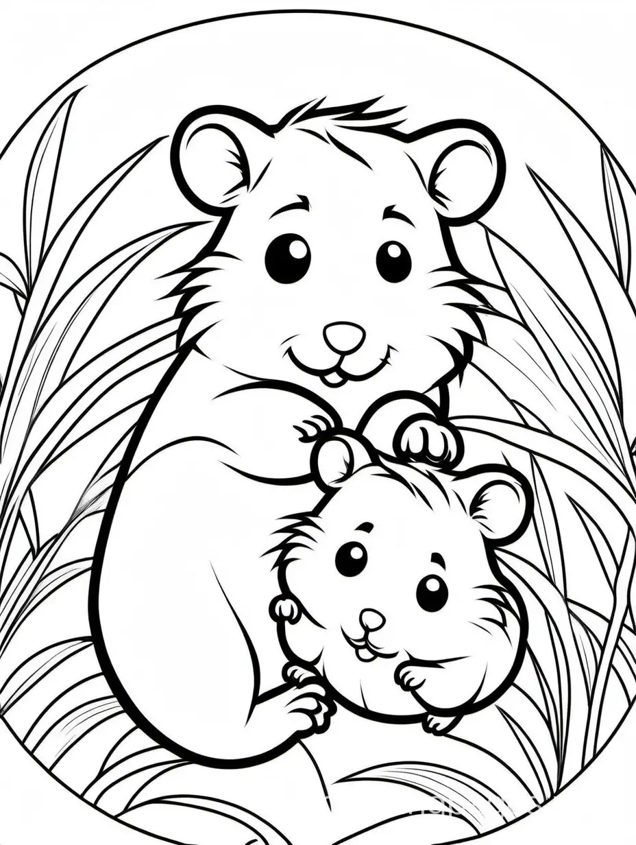cute hamster with his baby for kids easy for coloring, Coloring Page, black and white, line art, white background, Simplicity, Ample White Space. The background of the coloring page is plain white to make it easy for young children to color within the lines. The outlines of all the subjects are easy to distinguish, making it simple for kids to color without too much difficulty