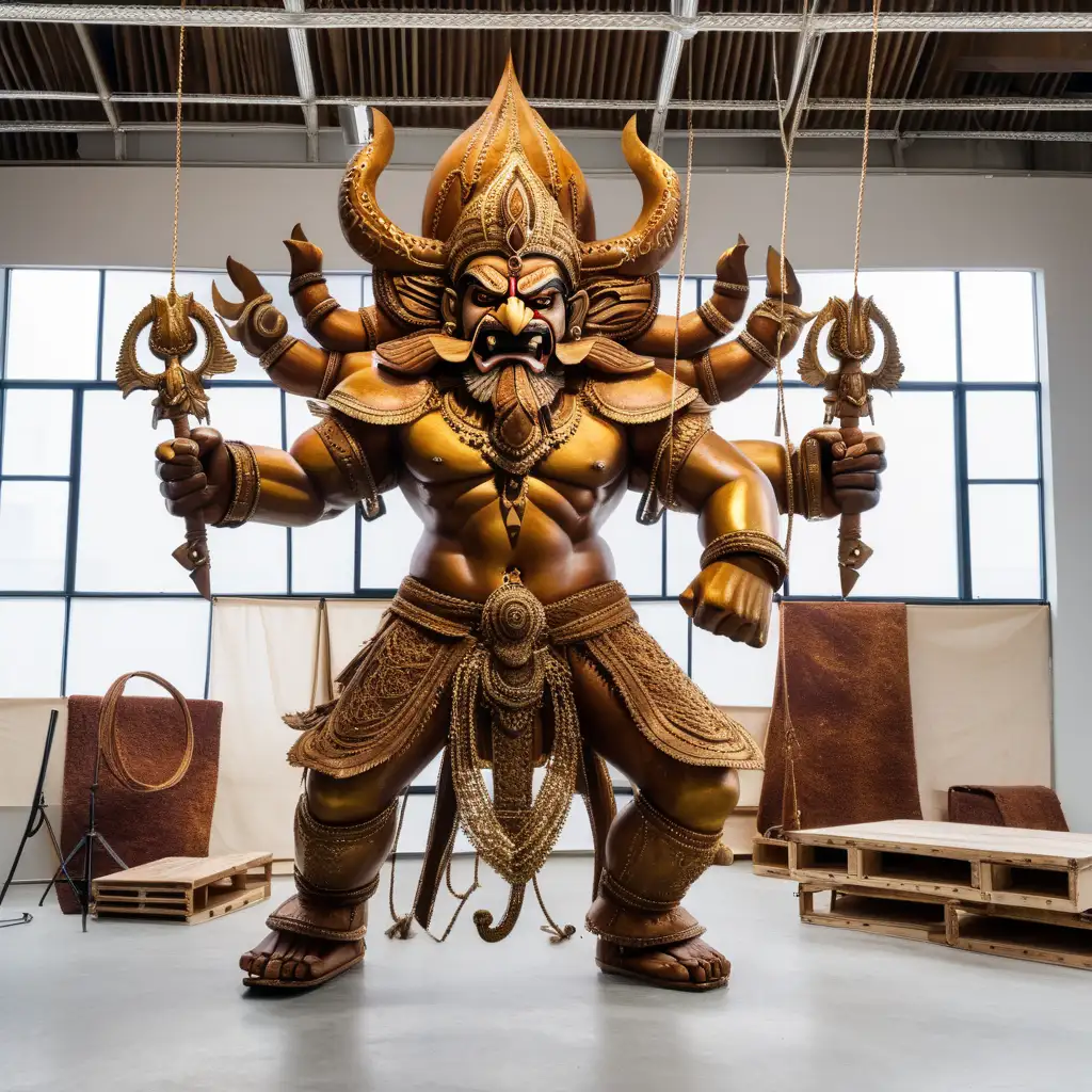 Art Installation of agGressive ravana(overview),made out of rust metal (golden brown COLOUR COATED),in studio environment (set-up), HANGING THROUGH ROOF