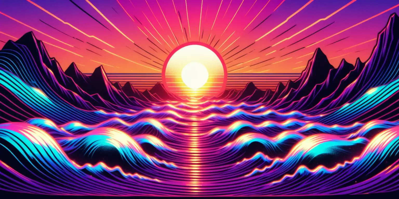  sunset 
graphic, synth wave, vibrant color, detailed
