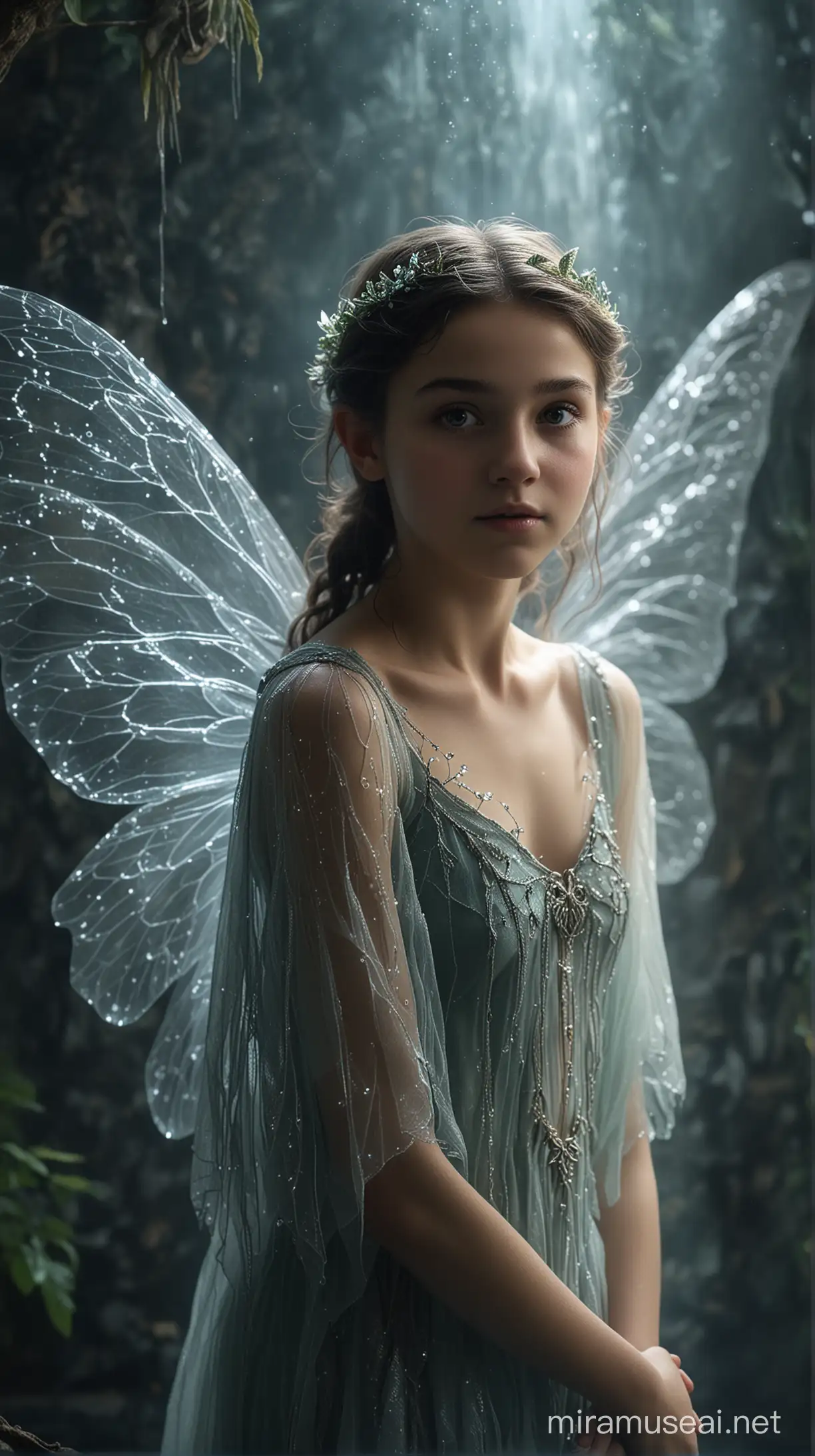 Photorealistic portrait shot of a 13-year old female fairy. Subject has real fairy wings. Subject has a kind expression. Subject is in an enchanted grotto. Mist, fog, glowing light. High definition, raw style.